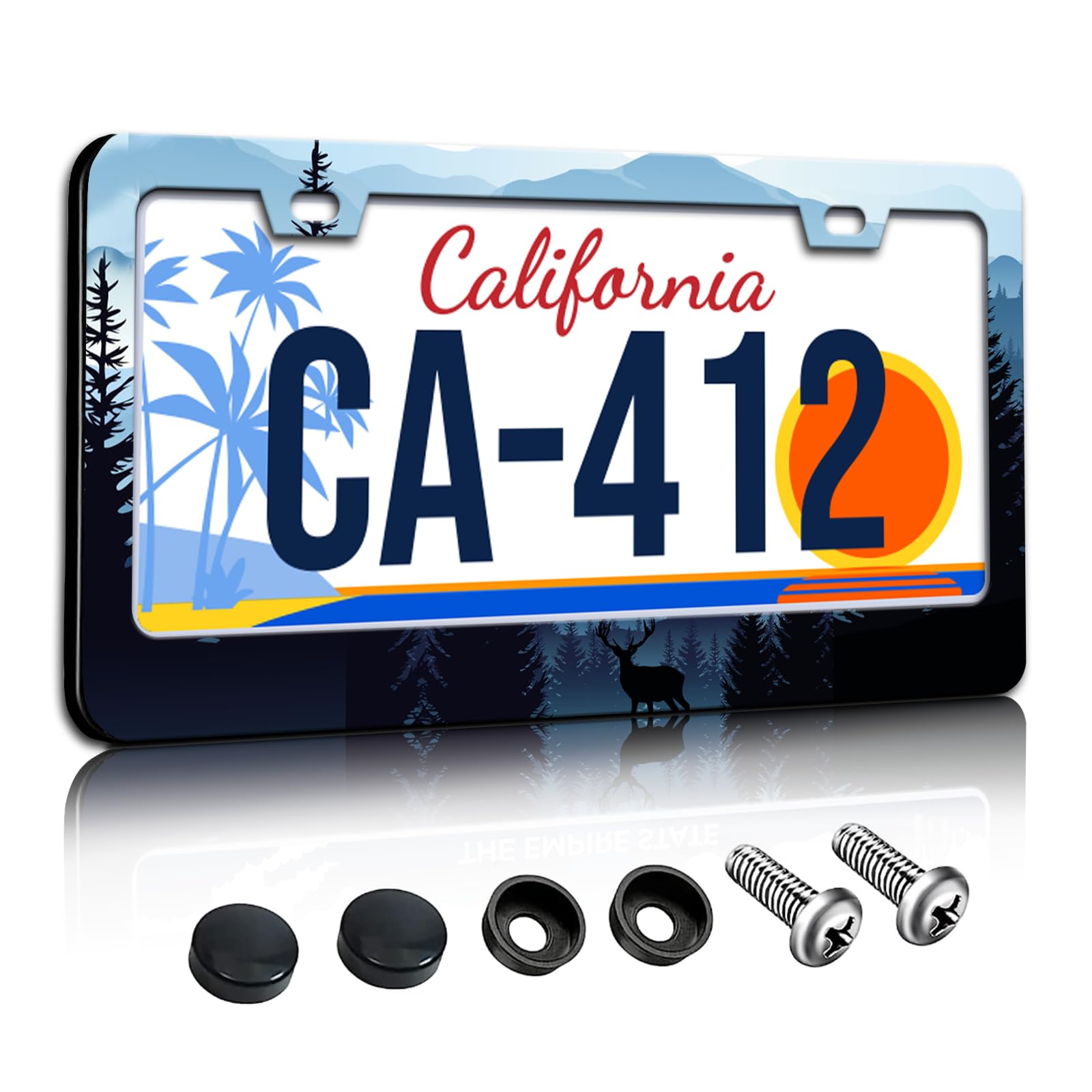 Mountains Landscape License Plate Frames Forest Deer Blue License Plate Holder for Car Decor Parts Stainless Steel License Plate
