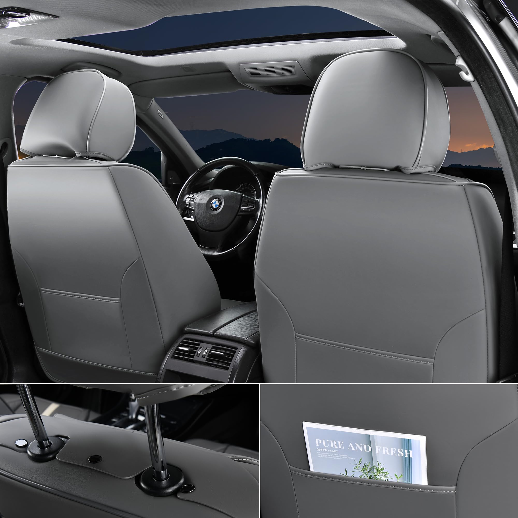 Doogo Automotive Seat Covers Full Set, Leather Car Seat Covers 5 Seat, Universal Car Seat Protectors, Gray Driver Seat Covers Fi