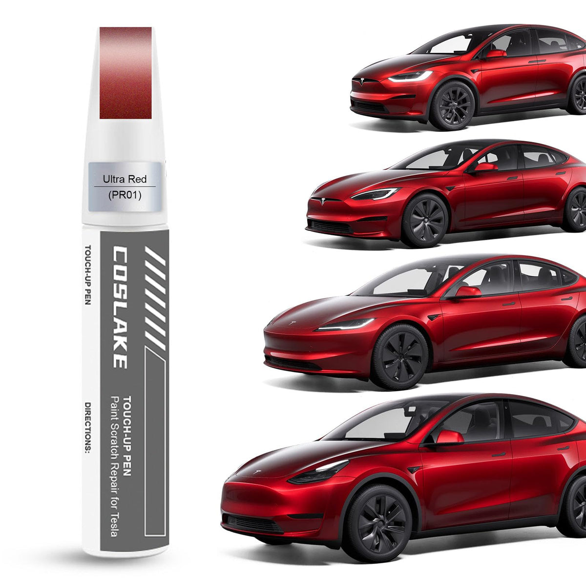 COSLAKE Car Touch Up Paint(Ultra Red(PR01)) for Tesla Model Y/3/S/X, 2 in 1 DIY Car Paint Scratch Repair Kit with Pen Tip & Brus
