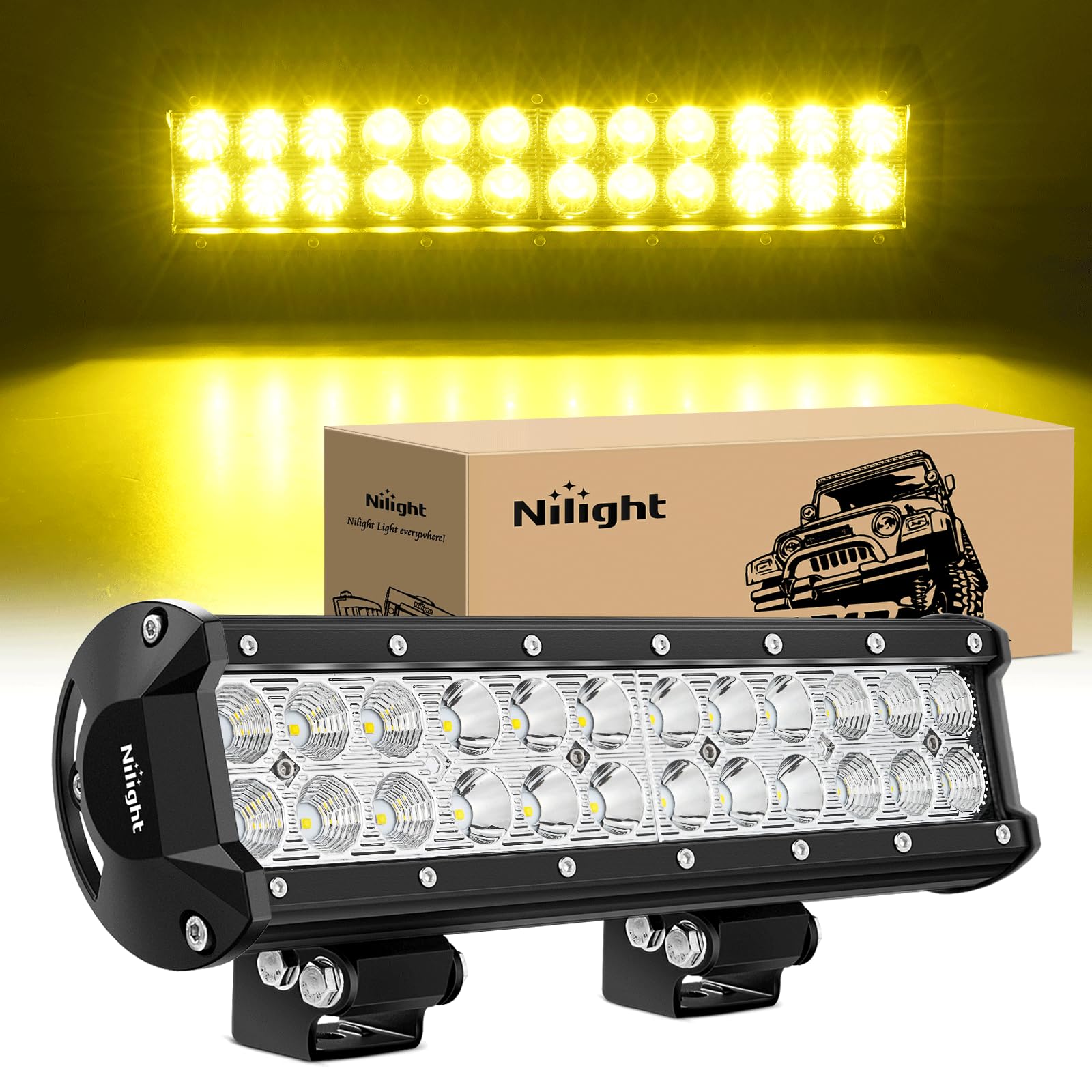 Nilight Led Light Bar 12 Inch 72W Spot Flood Combo Yellow Beam Off Road Lamp Fishing Hunting Emergency Deck Work Lighting For Tr