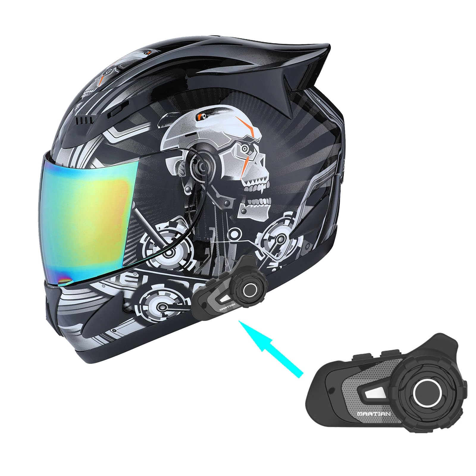 1Storm Motorcycle Bike Full Face Helmet Mechanic + Motorcycle Bluetooth Headset: Skull Black