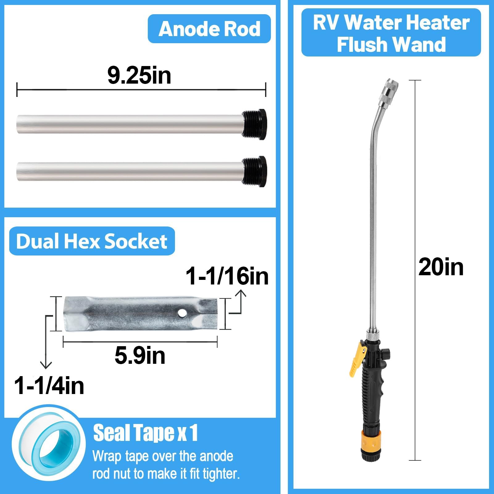 Pamase 5Pcs Rv Water Heater Anode Rod & Flush Wand & Element Socket Set - 9.25 ''L X 3/4 ''Npt Thread Magnesium Rod For Suburban