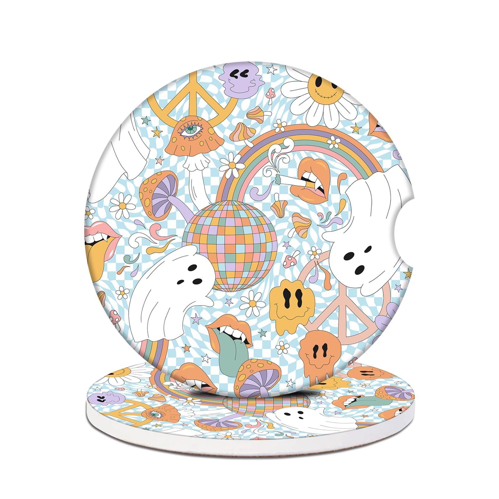 Funny Ghost Car Cup Holder Coaster -Halloween Absorbent Ceramic Coaster, Car Coasters for Cup Holders, Auto Accessories for Wome