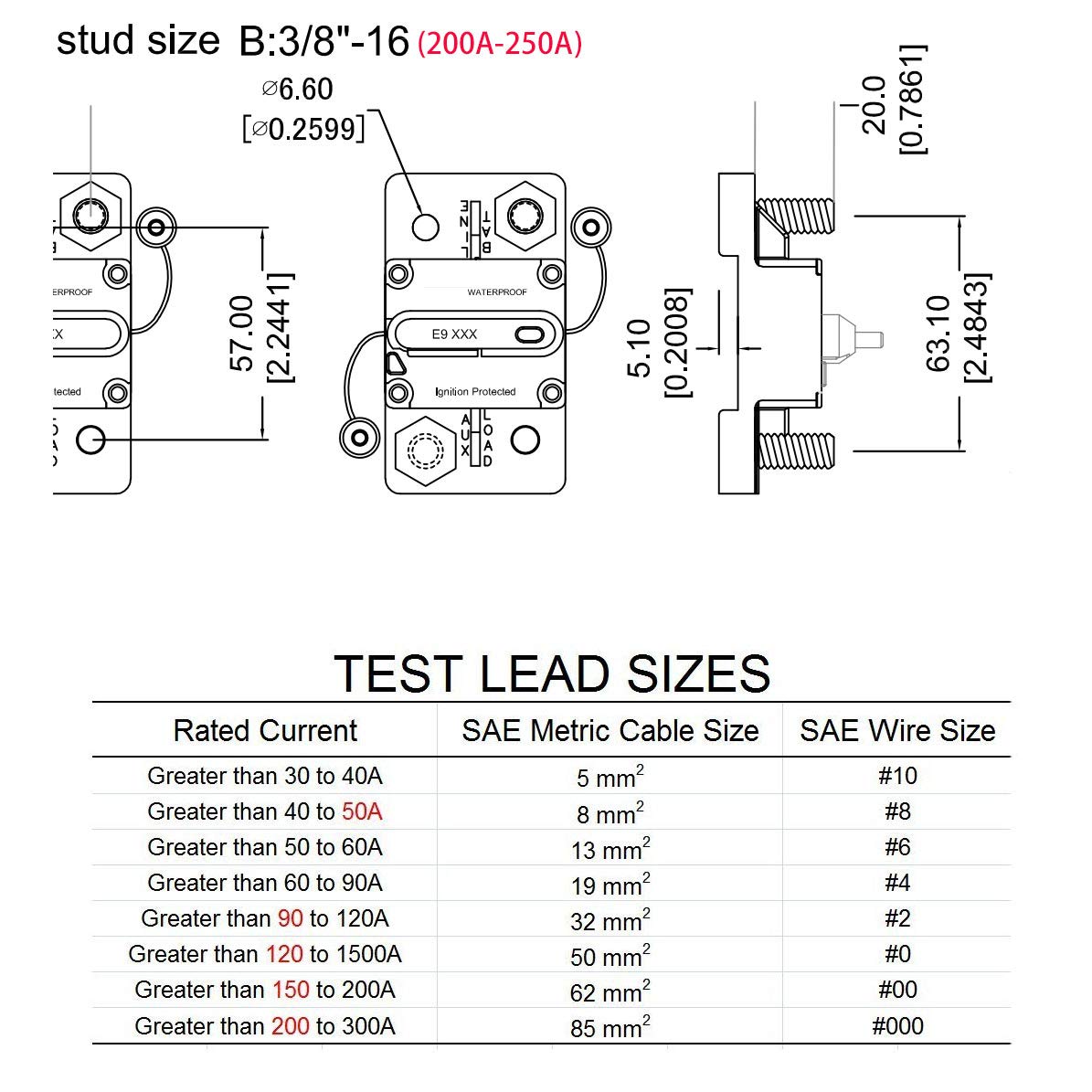 T Tocas Hi-Amp 3/8 Studs 250 Amp Circuit Breaker With Manual Reset Switchable For Boat Marine Car Audio Battery Solar System Ip6