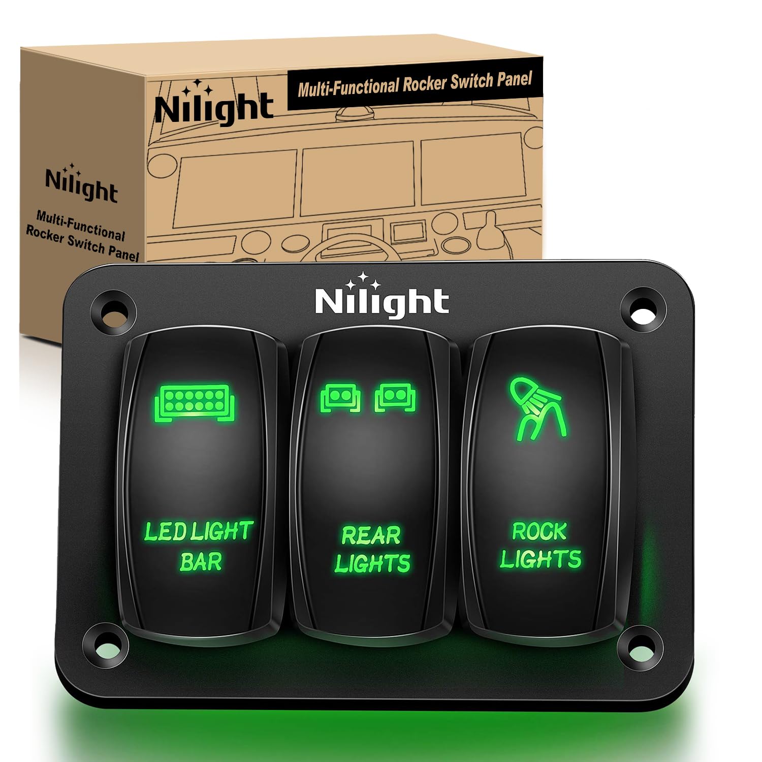Nilight 3 Gang Rocker Switch Panel Aluminum 5 Pin On Off Toggle Led Light Bar Spst 12V-24V Green Switches For Marine Boats,Cars,