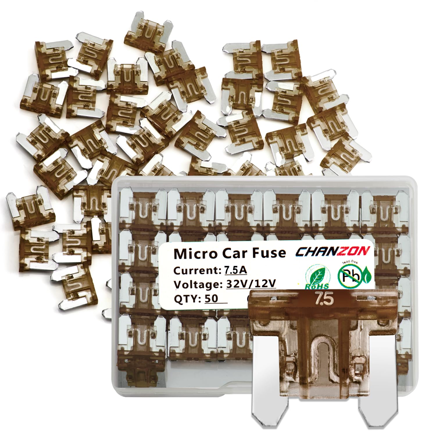 Chanzon 50Pcs 7.5A Low Profile Mini Micro Blade Fuse 7.5 Amp 32V Fast Blow Fuses for Automotive Car Truck Vehicle SUV