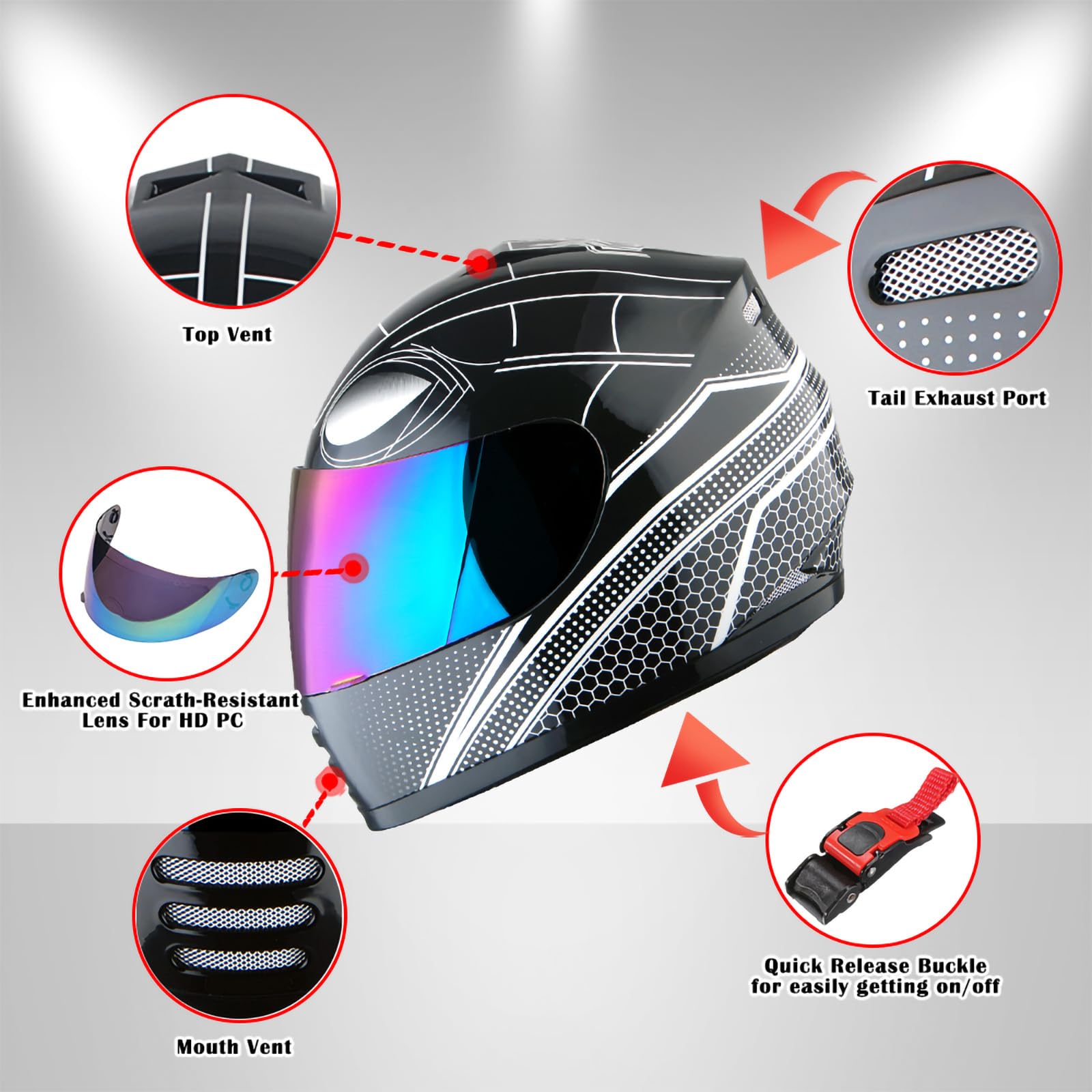 Wow Youth Motorcycle Full Face Helmet Street Bike Bmx Mx Kids Spider All Black + Mx Skeleton Glove Bundle