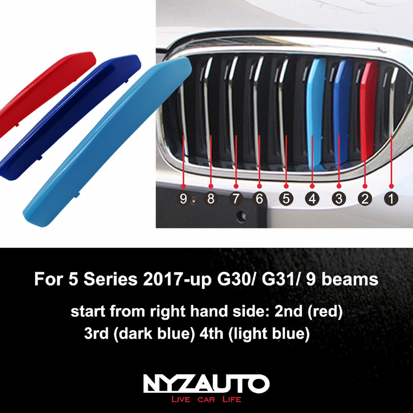 Nyzauto M-Colored Stripe Grille Insert Trims Compatible With Bmw 2017-Up G30 G31 5 Series 520I 530I 540I 550I 9-Beam Kidney Grille