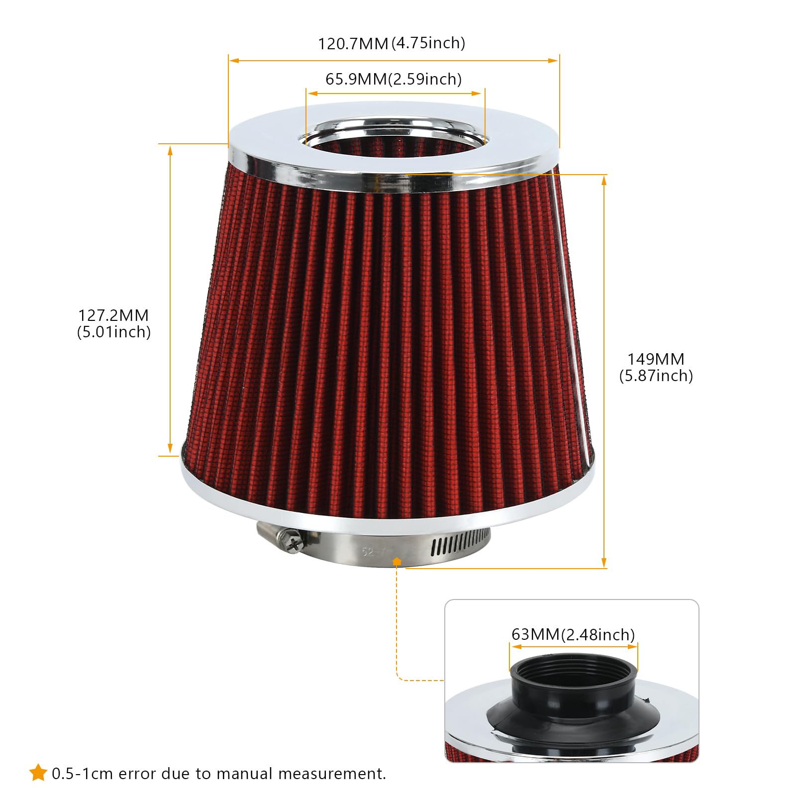 Ptnhz Universal Red 2.5'' 63Mm High Flow Cold Air Intake Cone Air Filter Power Intake Air Inlet System Air Cleaner