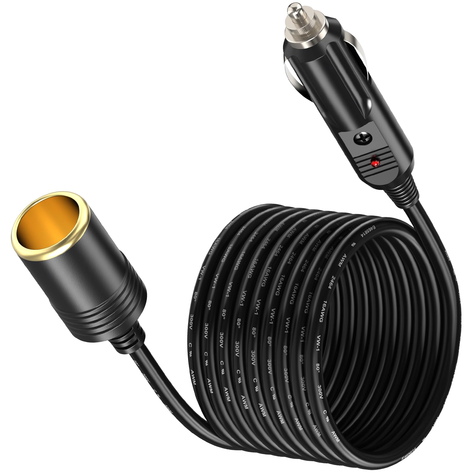 Amacam 12V/24V Car Charger Extension-Heavy Duty 19.68Ft Cable With Inline Cigarette Lighter Socket. Suitable For Tire Inflators