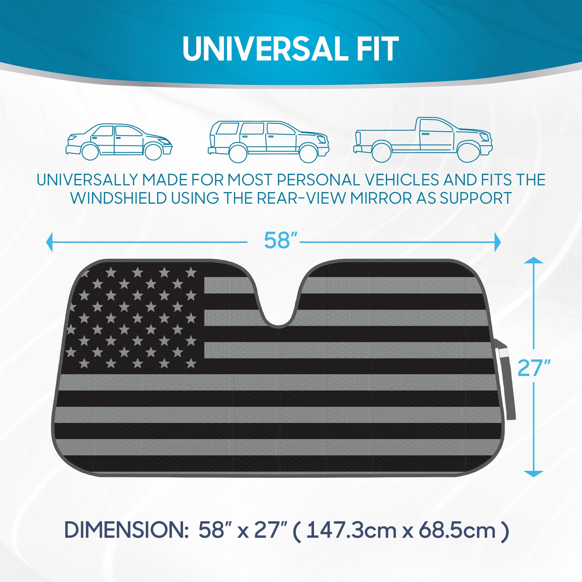 Bdk Usa 4Th Of July American Flag Black Curved Accordion Sun Visor For Car Windshield Cover - Truck Window Shades Car Flag & Sun