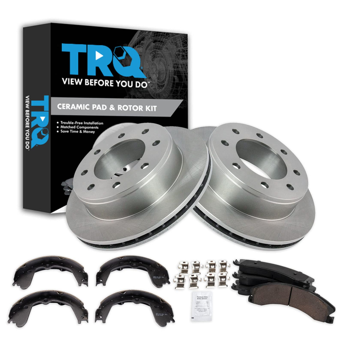 Trq Rear Brake Pad & Rotor Kit Brake Pads Brake Rotor Parking Brake Shoe Set Ceramic Compatible With 2009-2018 Chevrolet Express