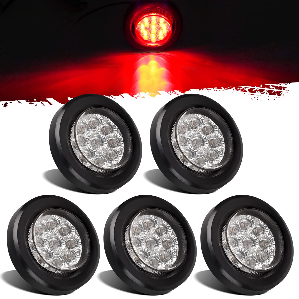 Partsam 5X 2 Led Marker Light Cab Panel Light, 2 Inch Red 9 Led Round Clearance Lights W Grommet/Pigtail For Trailer Truck Rv Ca