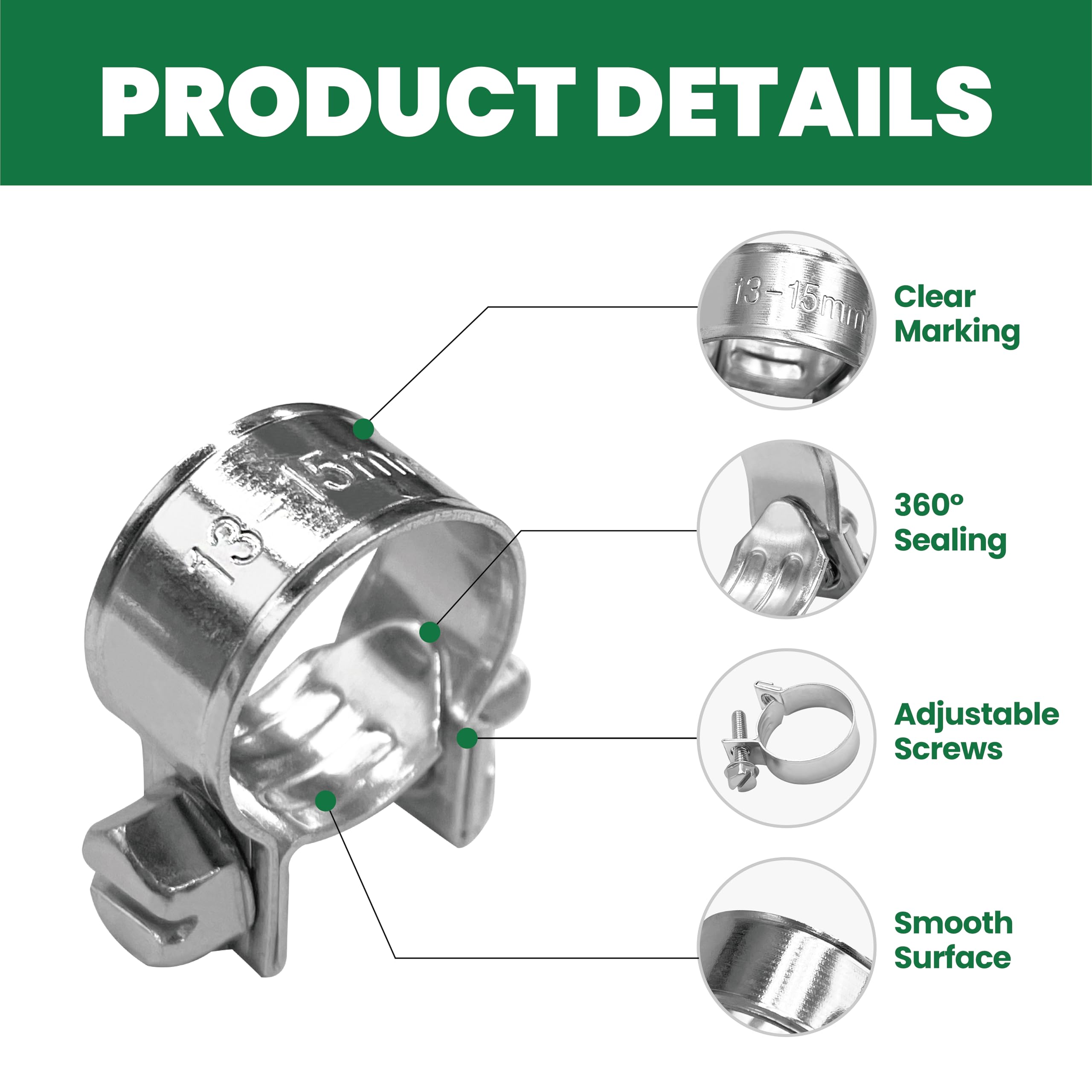 LAR-ME 5/16'' Mini Fuel Injection Hose Clamps, 20PCS Gas Line Hose Clamp, Adjustable Pipe Hose Clip Tube Clamps for Automotive,A