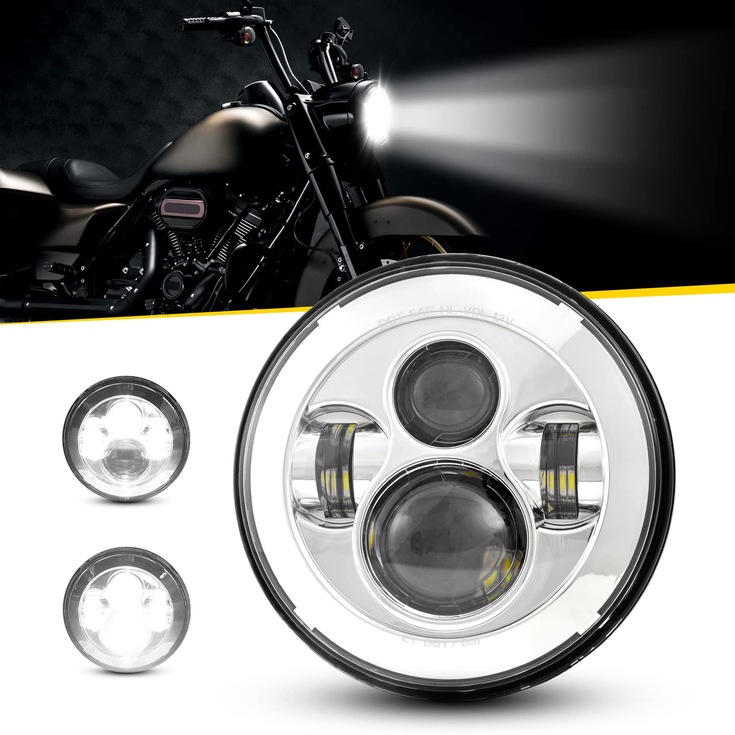 Dot Approved 7Inch Chrome Led Headlight Compatible With Haley Motorcycle Tour,Fld,Softail Heritage,Street Glide,Road King,Electra Glide,Yamaha V-Star Road Star Wrangler