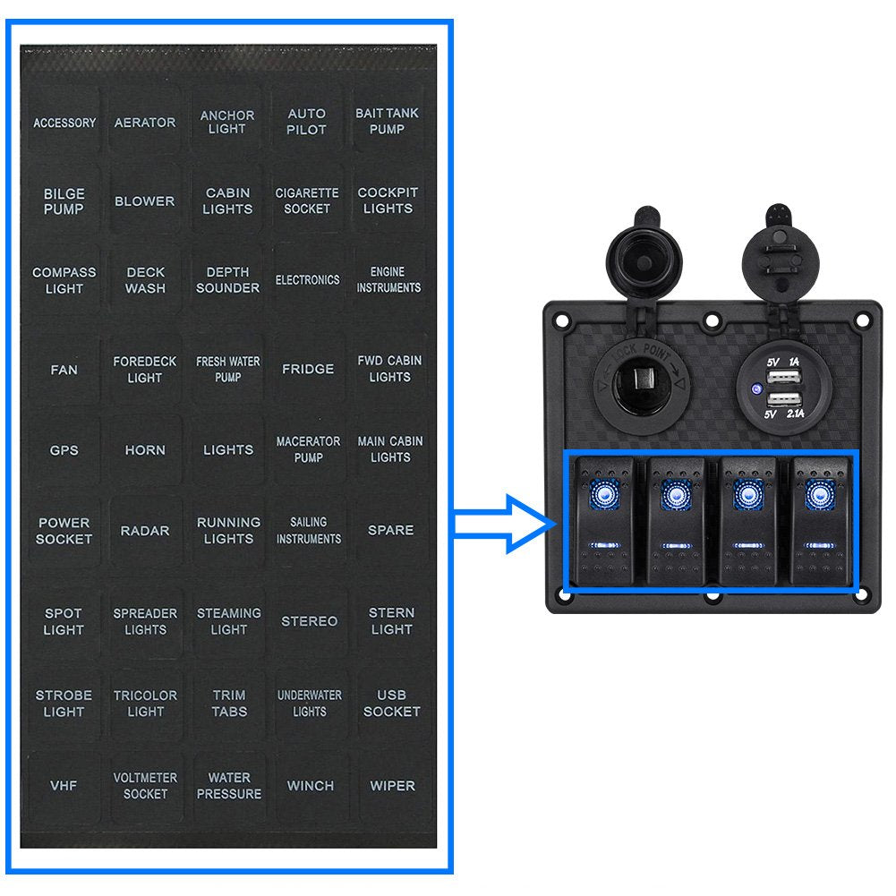 Bunker Indust Set Of 2 Decal Sticker Label Sheet For Caravan Marine Boat Dash Board Instrument Rocker Switch Circuit Panel Gps Horn Light,Black(45 Pcs Each)
