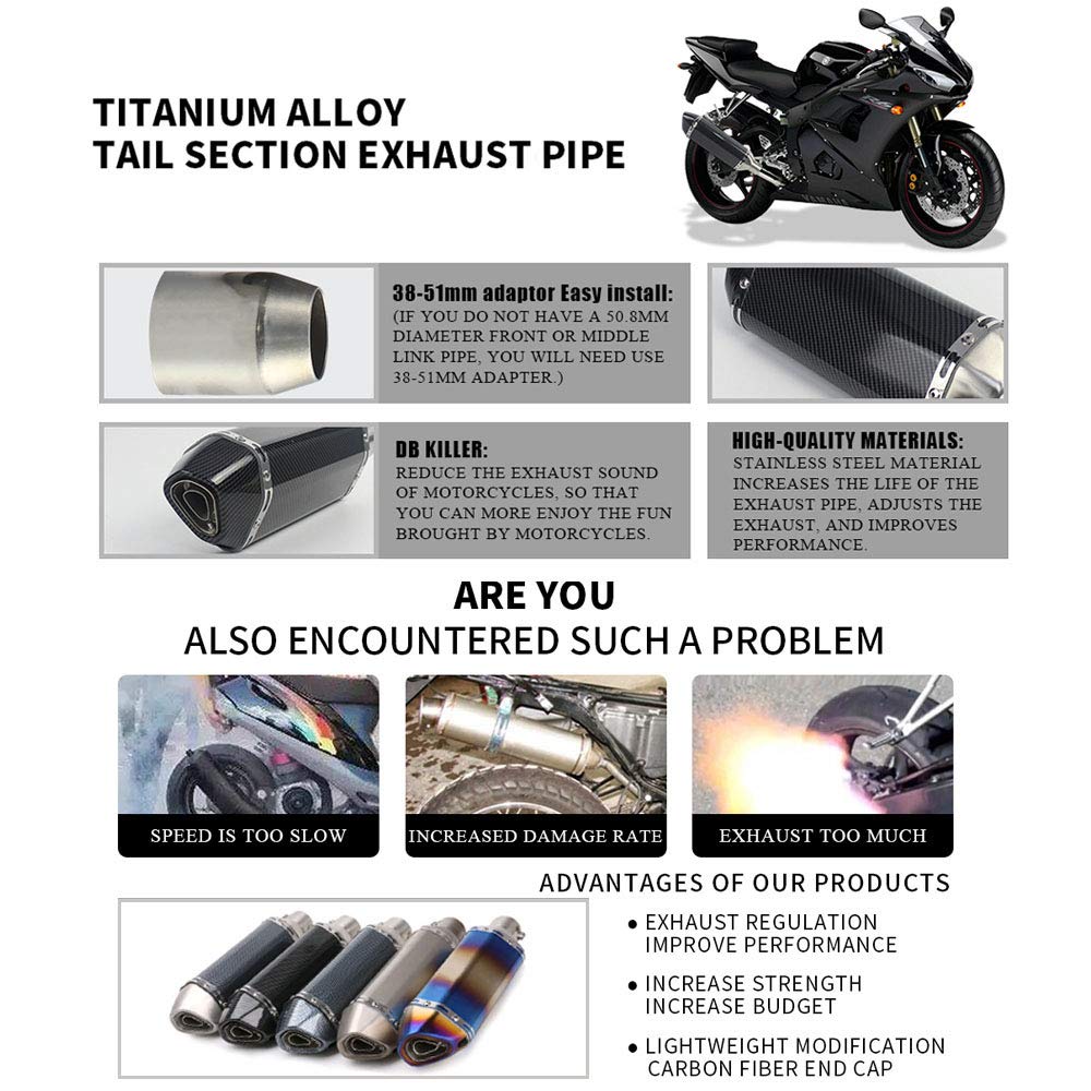 Exhaust Muffler Carbon Fiber 1.5-2''Inlet With Removable Db Killer For Street/Sport Motorcycles And Scooters With 38-51Mm Diamet