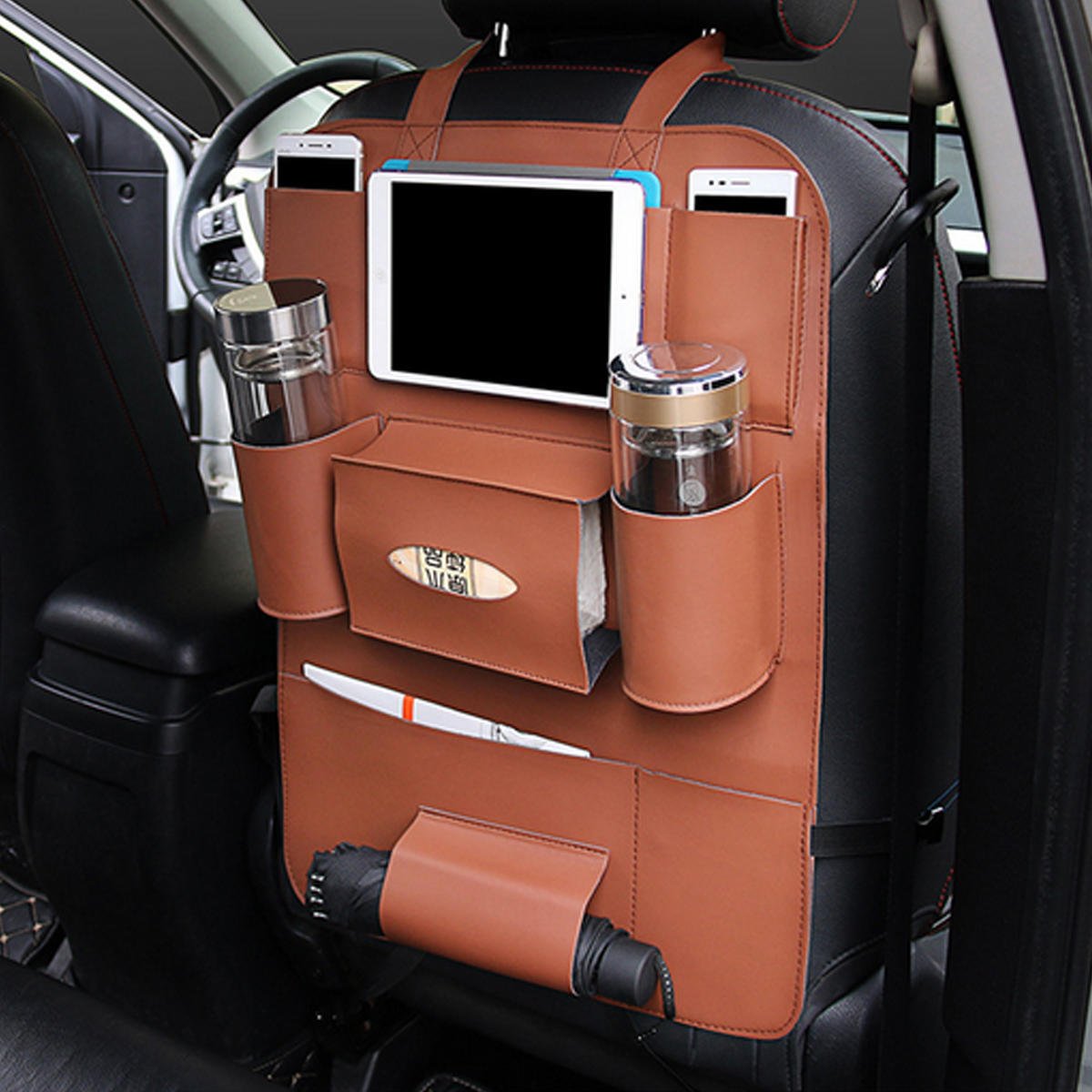 Spedy MultiFunctional PU Leather Car Back Seat Storage Bag Multi Pocket Phone Cup Holder Organizer  Brown