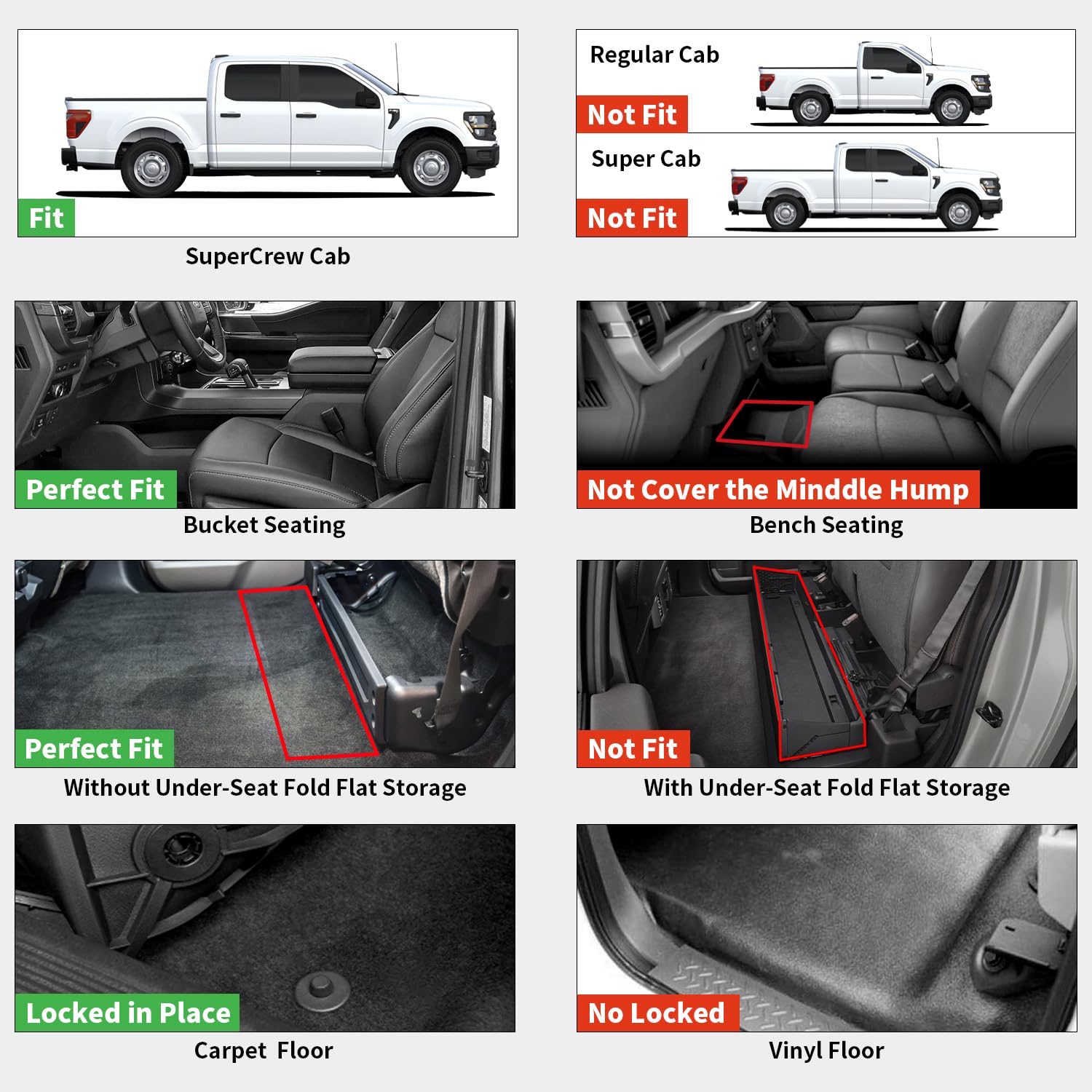 Lasfit Floor Mats For Ford F-150 2015-2025 | F150 Lightning 22-24 Supercrew (Rear W/O Fold Flat Storage) All Weather Car Lienrs