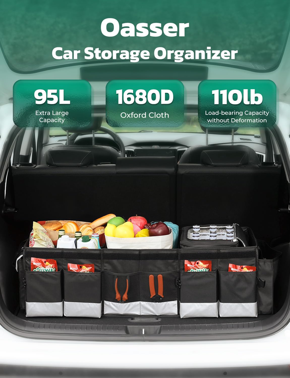 Oasser Trunk Organizer With Cooler Bag, Large Collapsible Car Trunk Organizer For Suv With Multi Compartments, Car Storage Groce