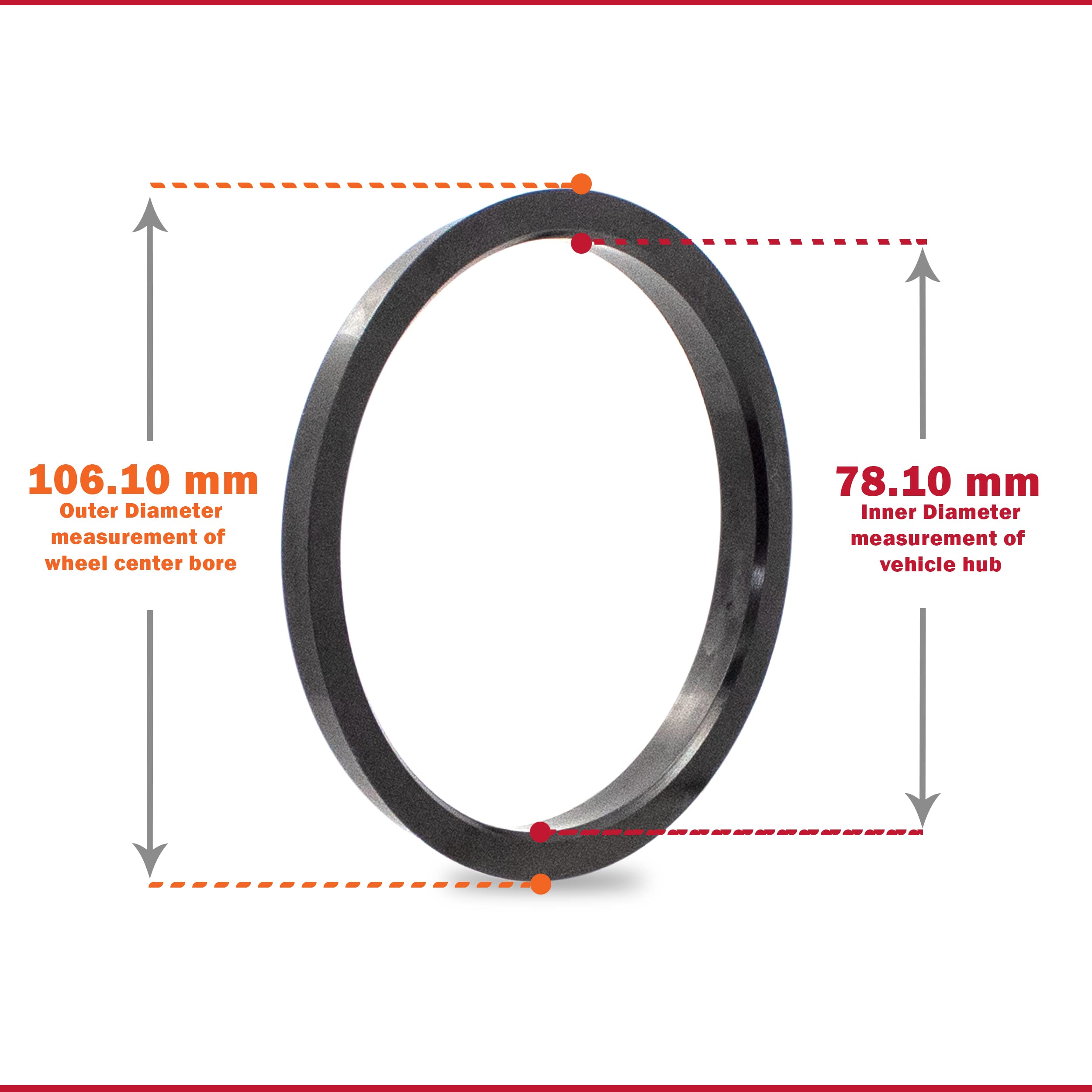 Wheel Accessories Parts Set Of 4 Hub Centric Ring 106.10Mm Od To 78.10Mm Hub Id, Black Polycarbonate (Wheel Hub Ring, 4 Pack, 10