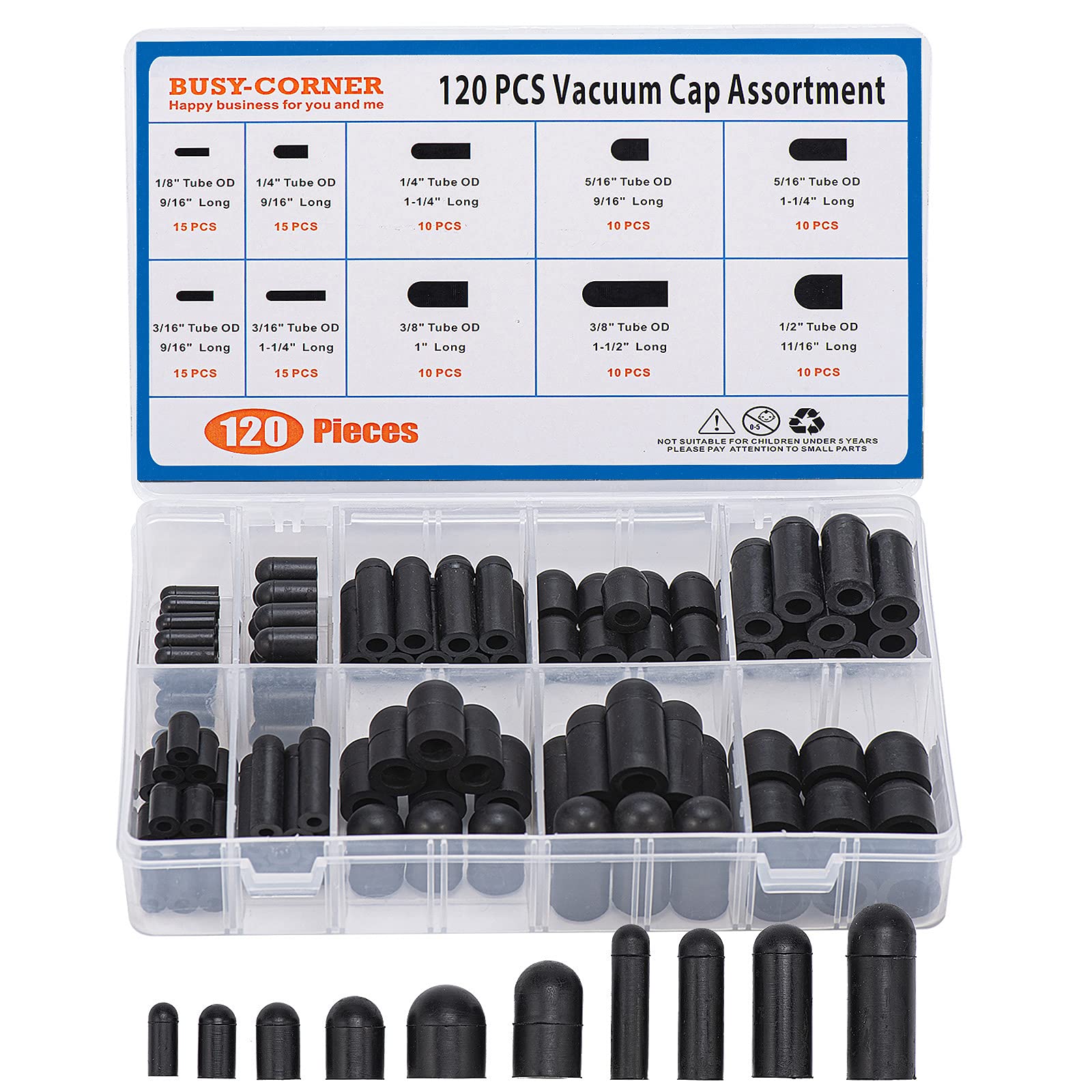 BUSY-CORNER 120 Pieces Rubber Vacuum Cap Assortment 10 Sizes Tube OD from 1/8'' to 1/2'' Sizes Automotive Carb Line Hose Caps Ki