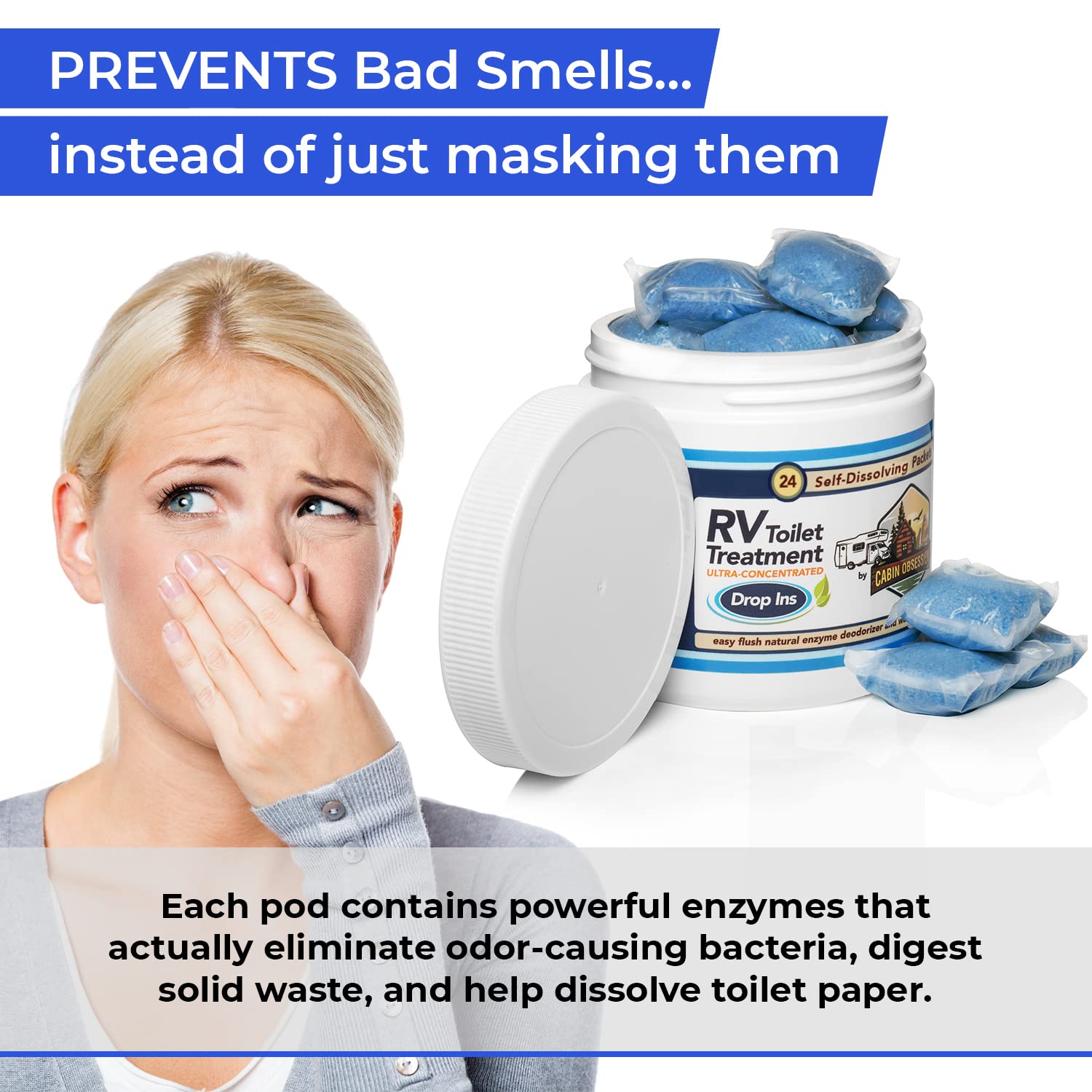 Cabin Obsession Rv Toilet Treatment Drop Ins - 24 Easy Flush Self-Dissolving Rv Black Tank Treatment Packets - Eliminate Odors And Break Down Waste Within Your Rv Holding Tank