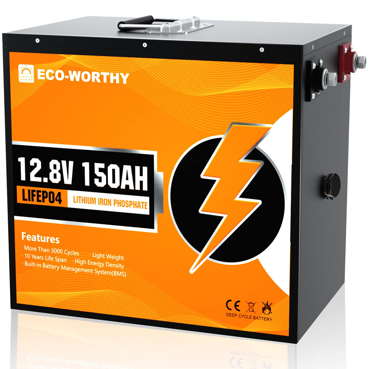 Eco-Worthy 12V 150Ah Lithium Battery, Safer Metal Shell, Rechargeable Lifepo4 Lithium Ion Phosphate Deep Cycle Battery With Bms,