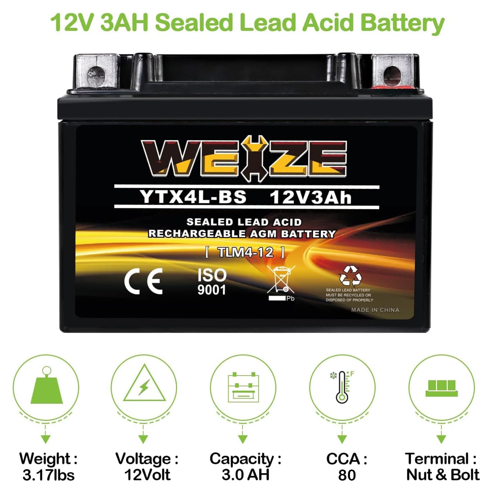 Weize YTX4L-BS High Performance-Rechargeable-Sealed Motorcycle Battery Compatible With Polaris Scrambler, Sportsman 90, Honda Sc