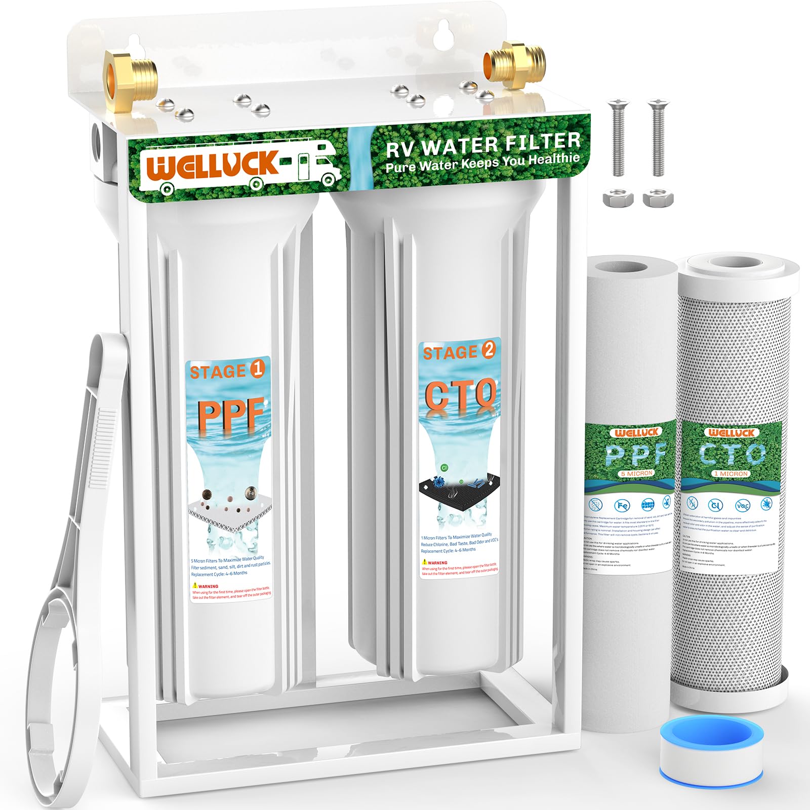 Welluck External Rv Dual Water Filter System Reduce Chlorine And Odor, Camping Water Filter With Mounting Bracket And Leak-Proof