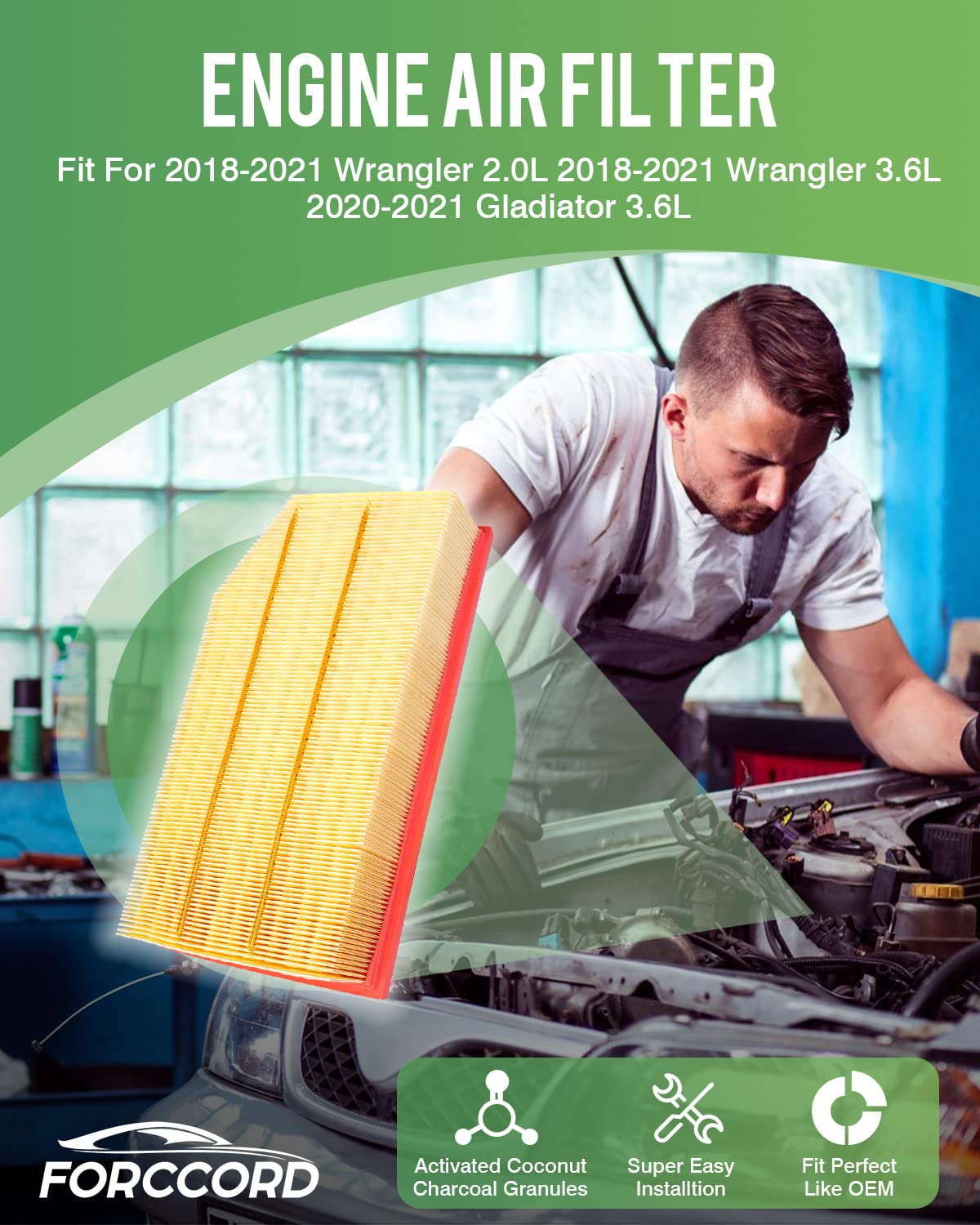 Forccord Cabin Air Filter And Engine Air Filter Fits For 18-25 Jeep Wrangler 2.0L/3.6L, 20-25 Gladiator 3.6L 68301863Aa 68257030