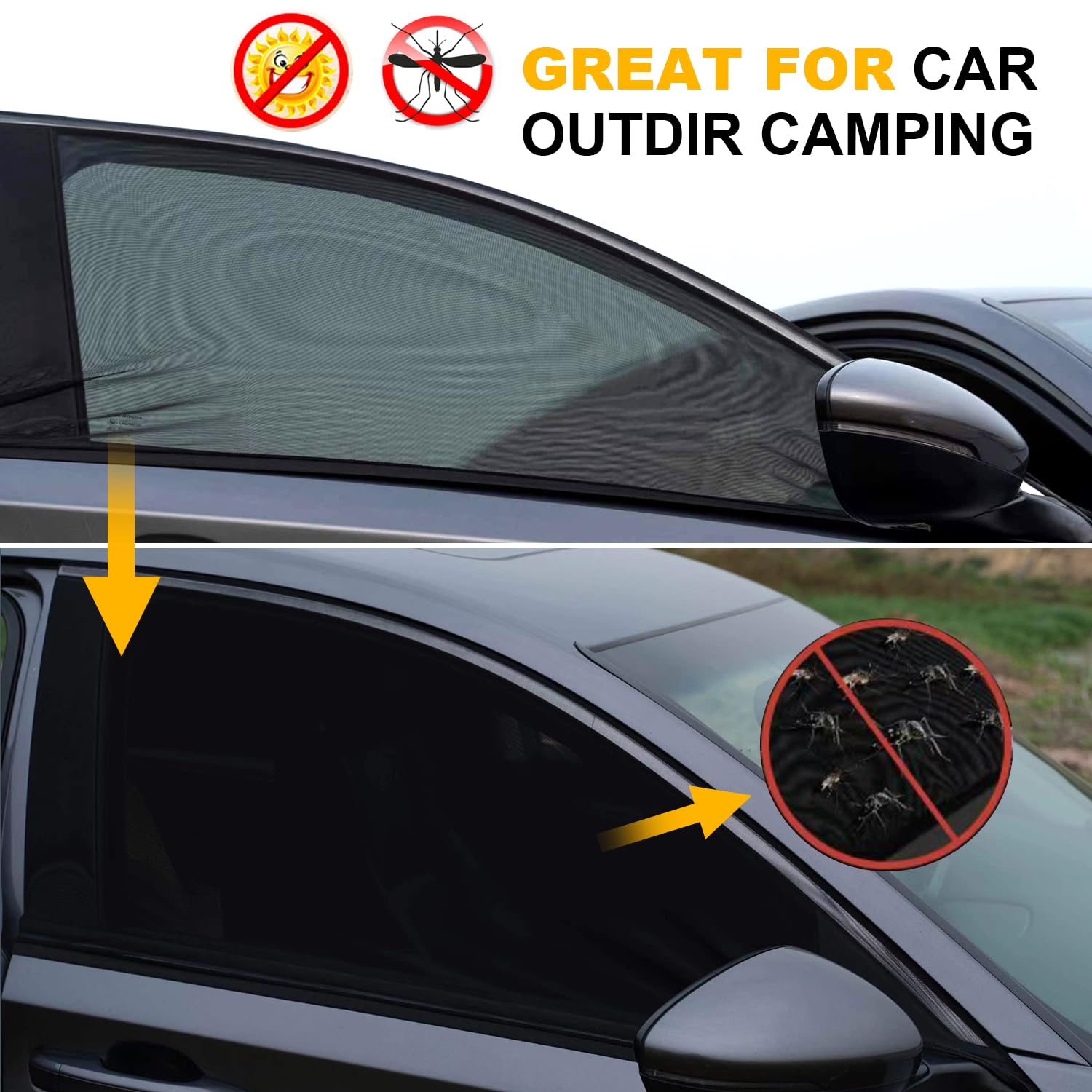 Car Front Side Window Shade,2 Pack Super Stretchy Mesh Car Window Screen Sun Shade Mosquito Net Curtains Cover For 95% Cars Suvs