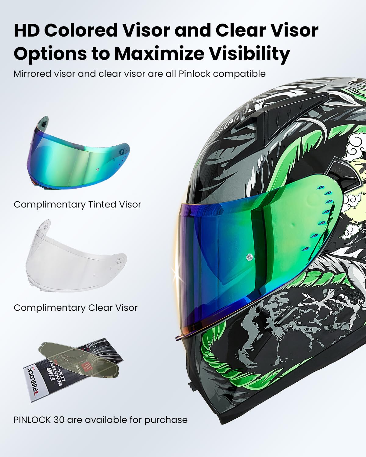 Ilm Motorcycle Helmet Full Face With Pinlock Compatible Clear&Tinted Visors And Fins Street Bike Motocross Casco Dot Model Z501(Legend Green, Xx-Large)