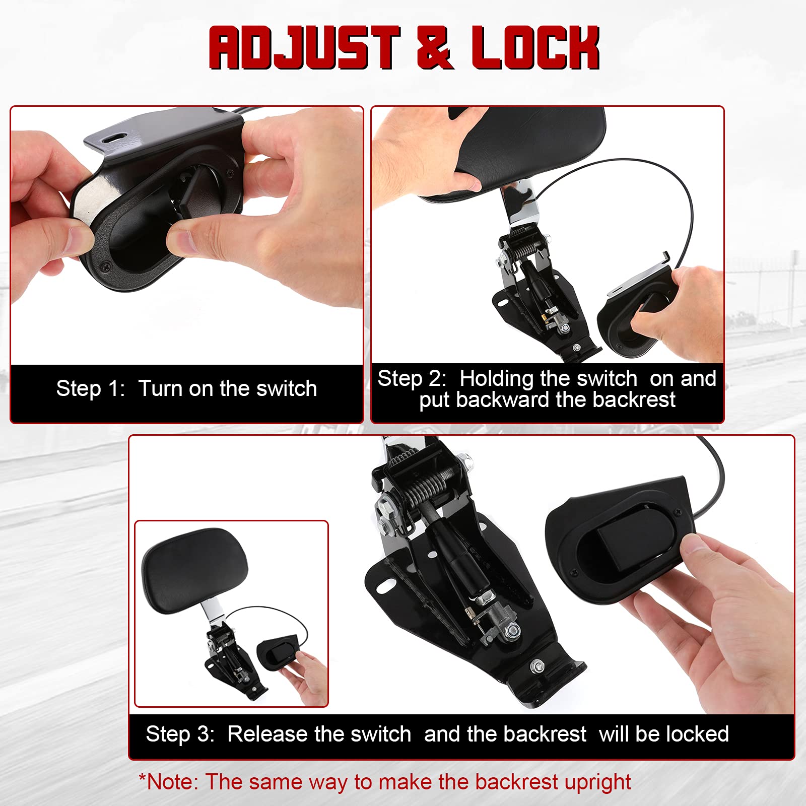 INNOGLOW Motorcycle Adjustable Driver Backrest Rider Backrest with Chrome Mount Kit for Harley Touring Electra Glide Road Glide