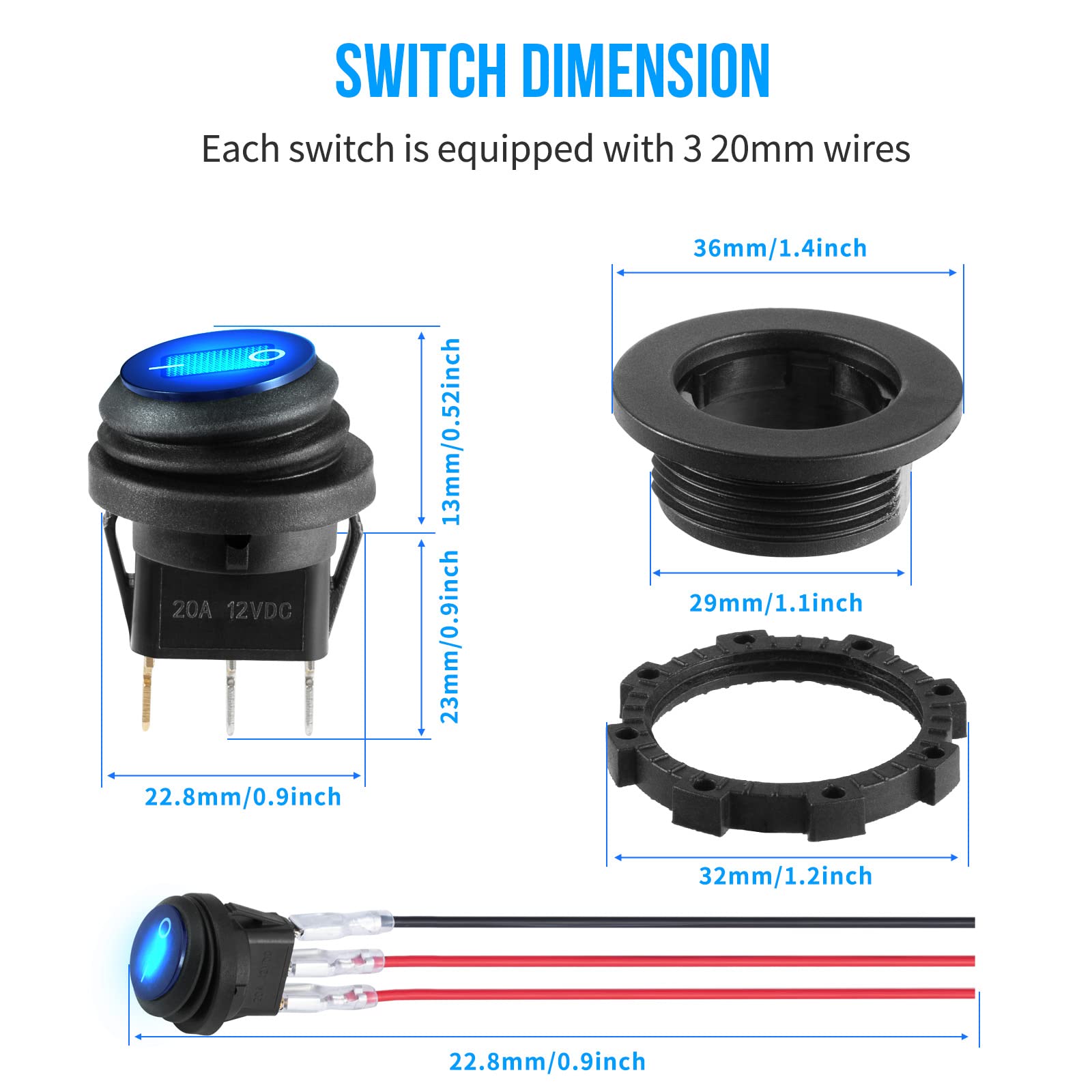 12 Volt Toggle Switch Waterproof 2 Pcs, Blue Led Lighted Round Rocker Switch Panel With 6 Hot-Melt Terminals And 20Cm Detachable Wires, Spst 3 Pin Marine On Off Switch For Car Boat Rv Truck 12V/20A