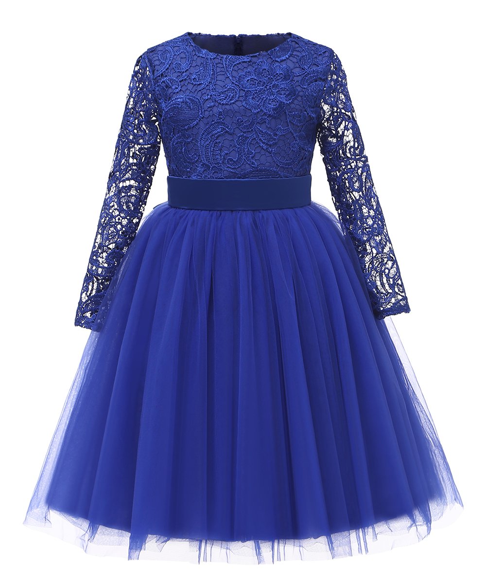 Flower Girl Dress Long Sleeves Lace Top Tulle Skirt Girls Lace Party Dresses (Size 8,Blue)