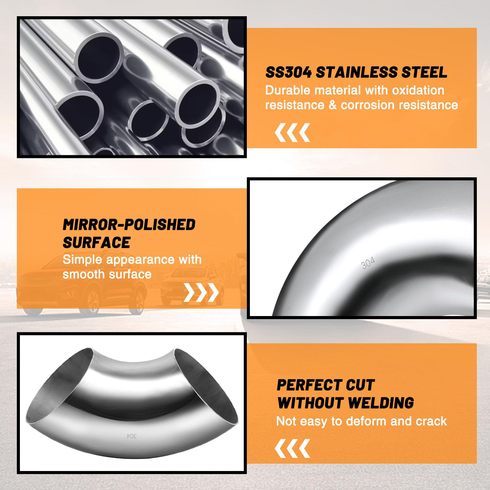 Tongze 3 Inch 90 Degree SS304 Stainless Steel Bend Tube Exhaust Elbow Pipe for Car Customized Modified Exhaust System-4pcs