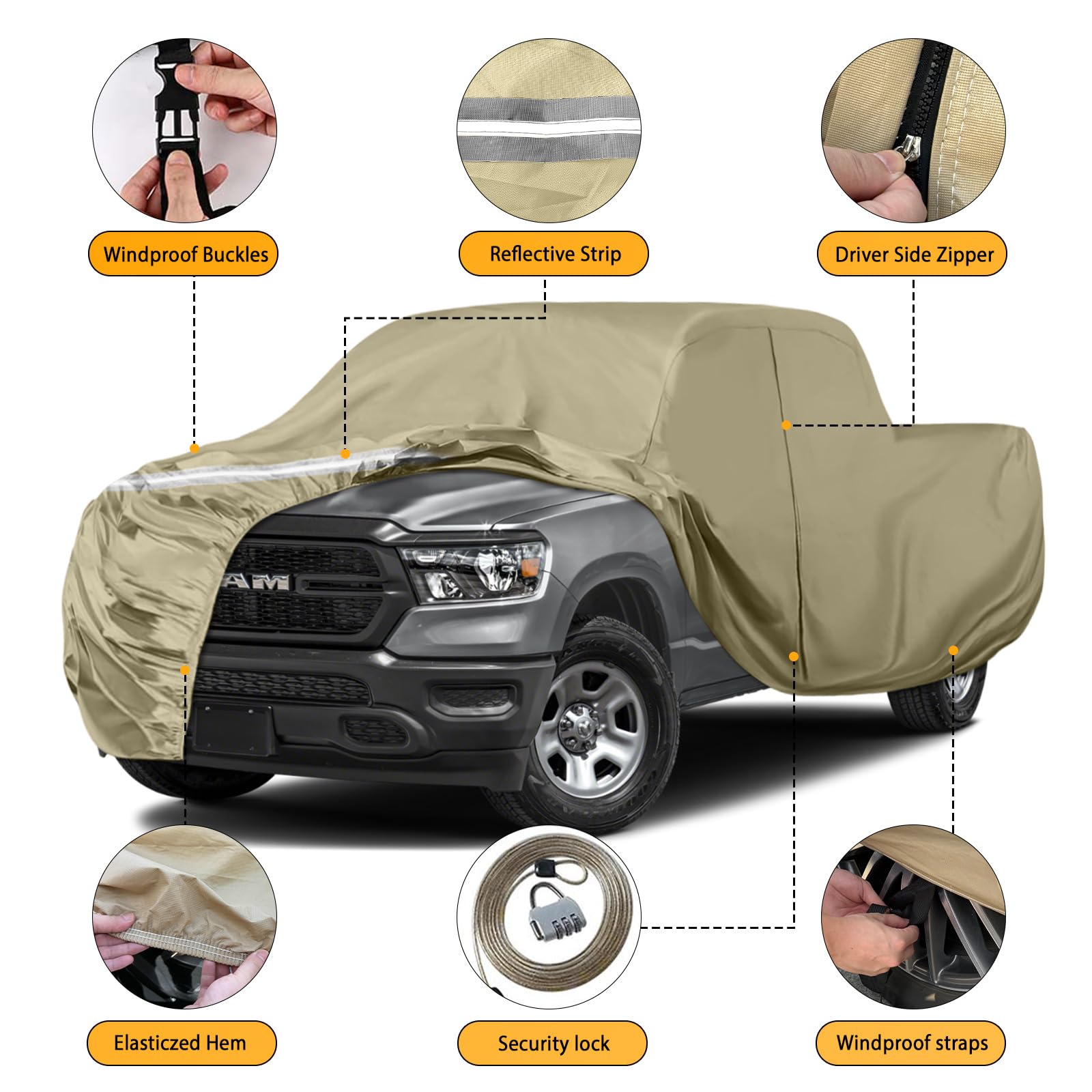Waterproof Truck Covers Replace for Ford F150 / Dodge Ram 1500 CrewCab 5.5 ft, Multilayer Heavy Duty with Cotton Liner Car Cover