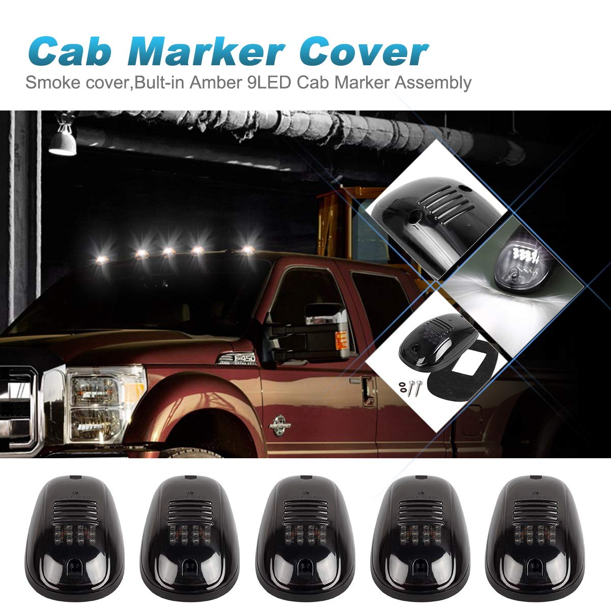 Partsam 5Pcs 12Leds Smoke/White Cab Roof Top Marker Running Lights 264146Bk Replacement For Dodge Ram 2003-2018 (Smoked Lens/Whi