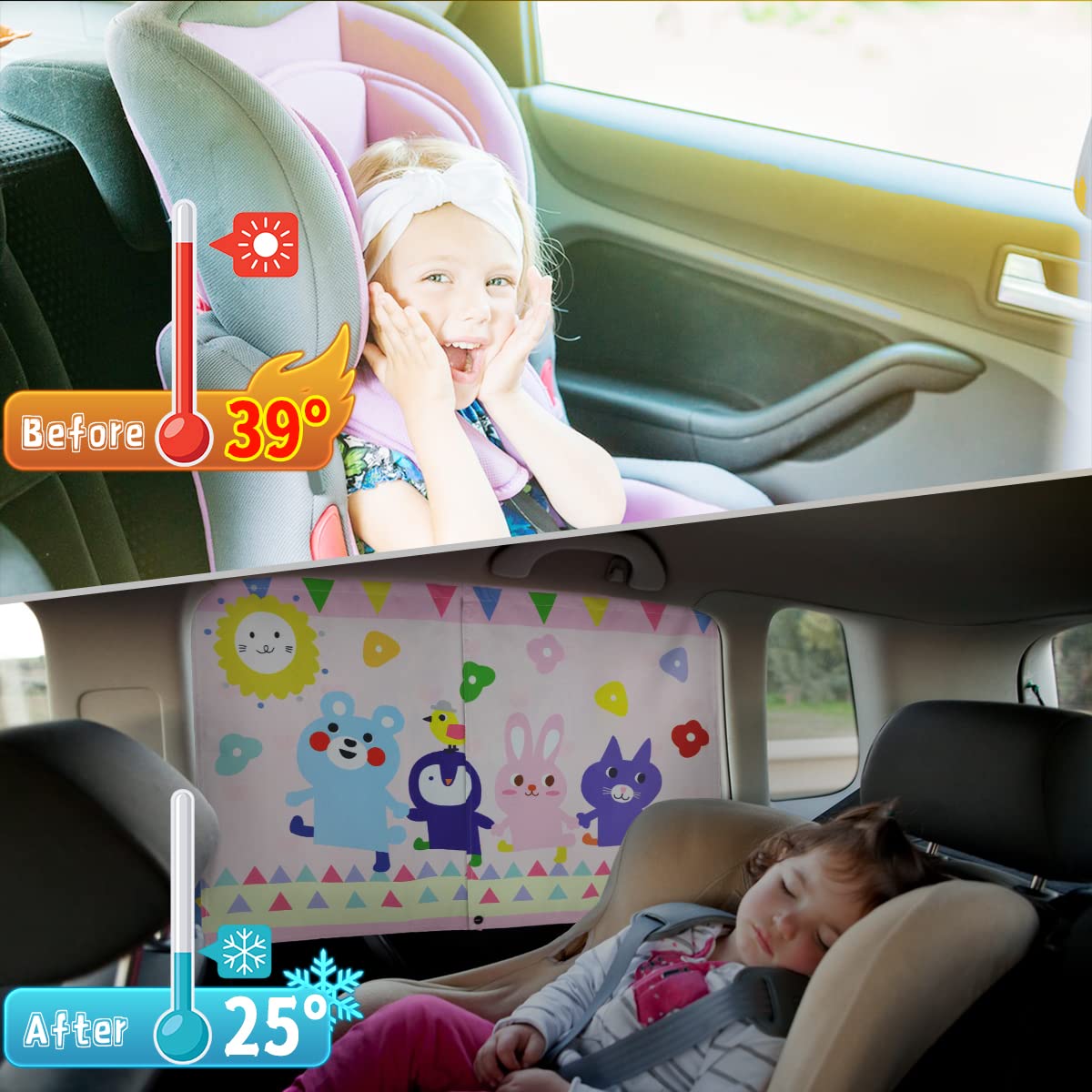 Car Window Shade For Baby, 2Pcs Magnetic Auto Sun Shades For Side Windows Double Layer Full & Half Shade Options, Cute Patterns