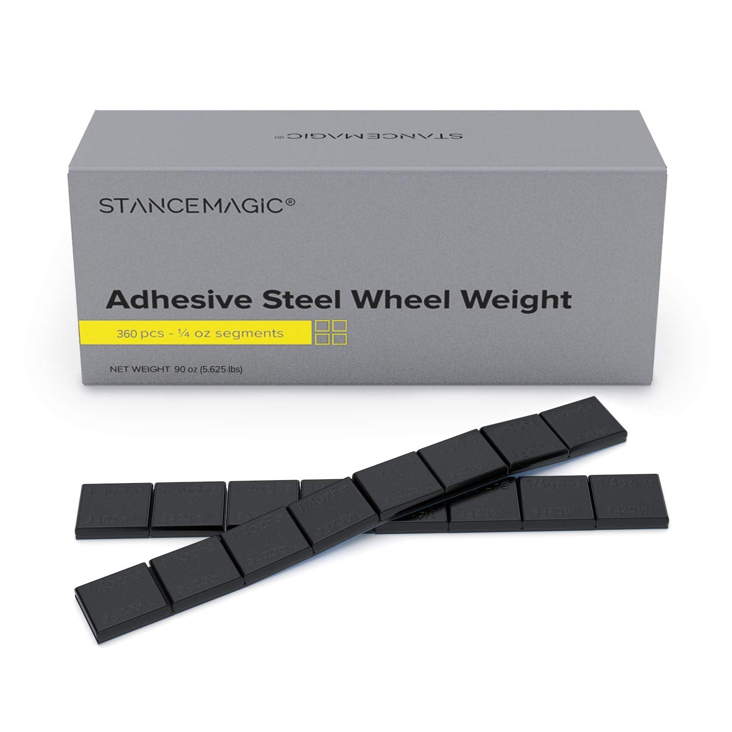 Stancemagic - 0.25Oz 1/4Oz - Black Adhesive Stick On Wheel Weights, Easy Peel, Low Profile, Zinc Plated Steel Balancing Weights For Cars Bikes Atv Utv, 5.625 Lb Box (90Oz), Contains 360 Pieces