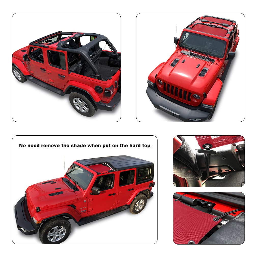 Shadeidea Sun Shade Top For Jeep Wrangler Sunshade Jl Unlimited (2018-2023) 4 Door Front And Rear 2 Piece-Cherry Red Mesh Screen