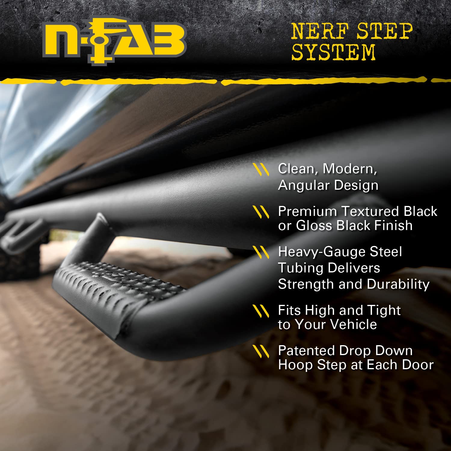 N-Fab Nerf Steps for Silverado/Sierra | Wheel-to-Wheel w/ Bed Access, Heavy Duty Steel, Gloss Back | C07100CC-6 | Fits 2007-2013
