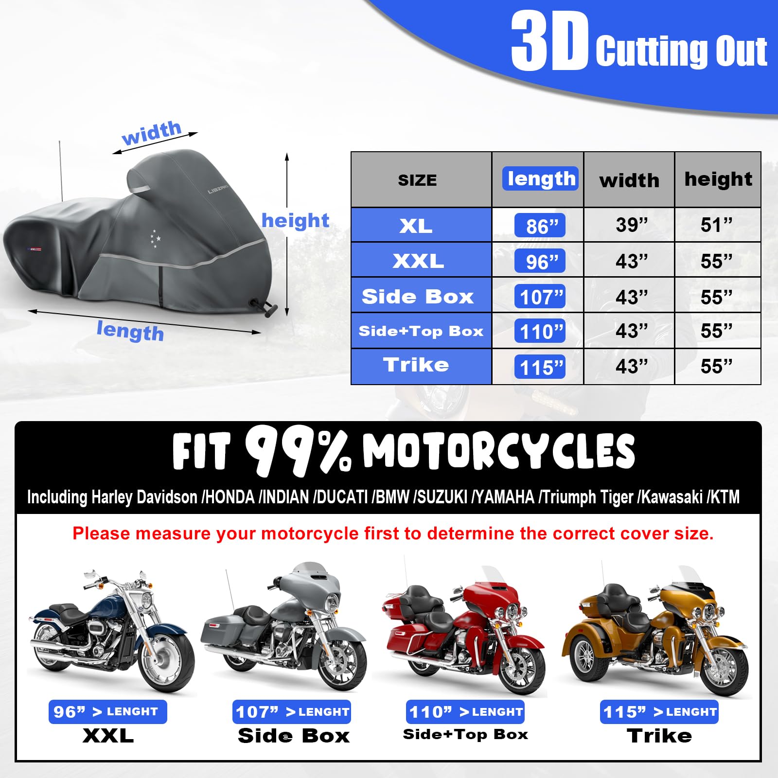 Motorcycle Cover Li Libzaki 600D Heavy Duty Storage For Touring Models Harley Davidson Road King,Road Glide,Street Glide, Electr