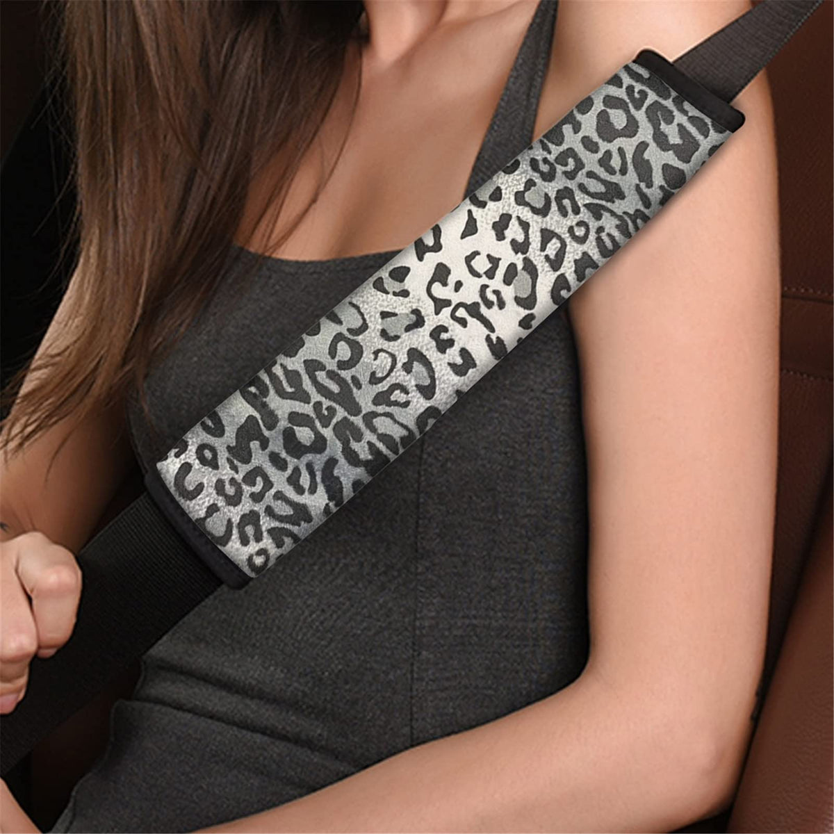 Dreaweet Grey Leopard Print Seat Belt Pads Cover for Adults Kids, Stylish Car Seatbelt Cover 2 pcs, Universal Soft and Safe