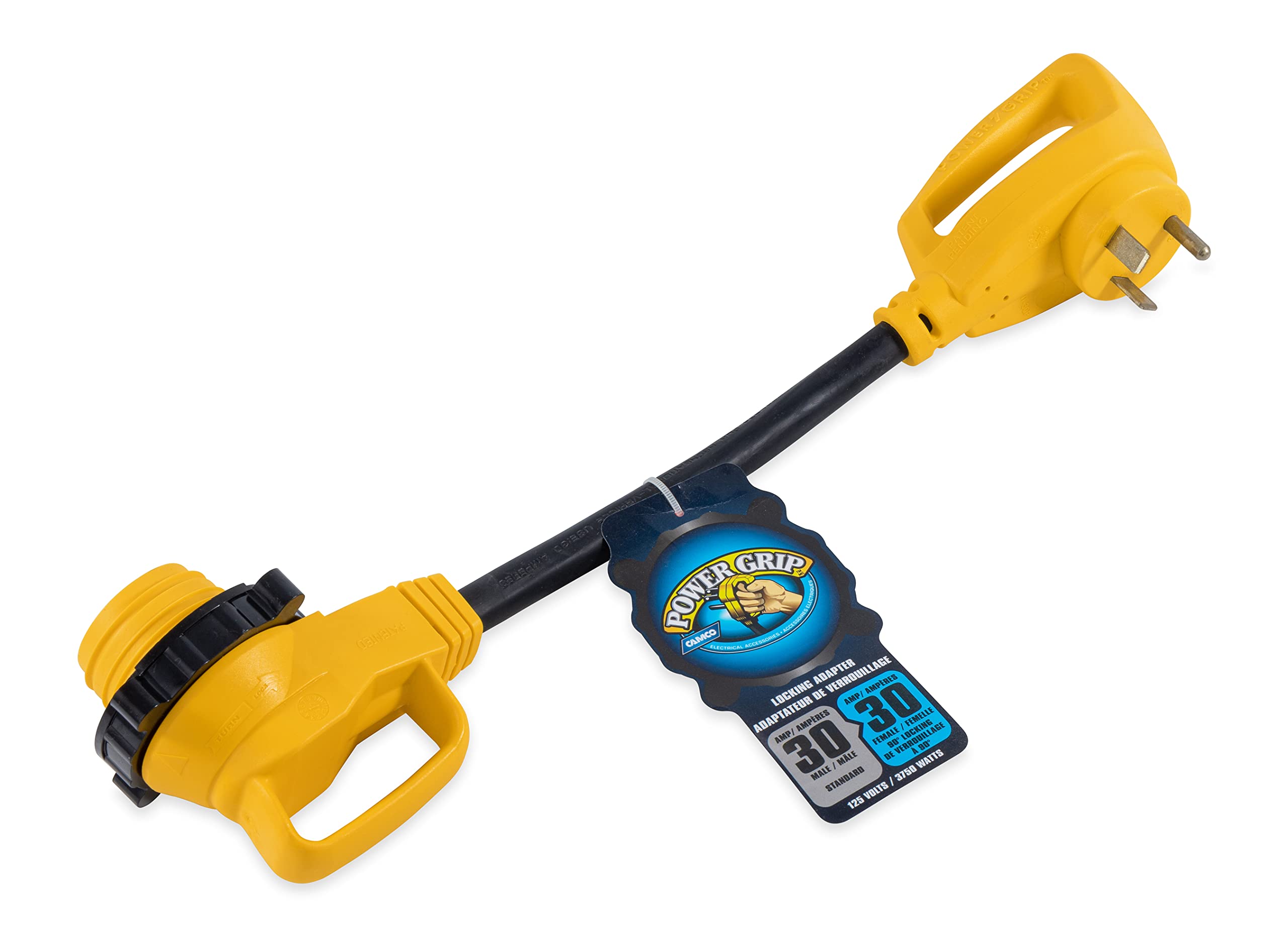 Camco 55522 18 30 Amp Standard Male / 30 Amp 90 Degree Locking Female Powergrip Adapter