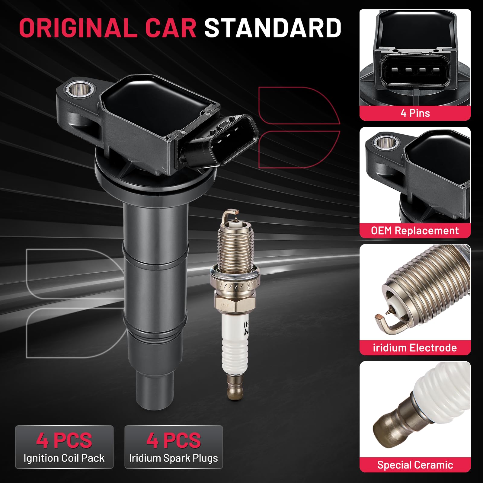 Bdfhyk Ignition Coil Uf333 & Spark Plug 7092 Compatible With 2.4L L4 Scion Toyota Tc Camry Corolla Highlander Matrix Rav4 Solara Lexus Hs250H Scion Xb Tc Pontiac Vibe,Set Of 4