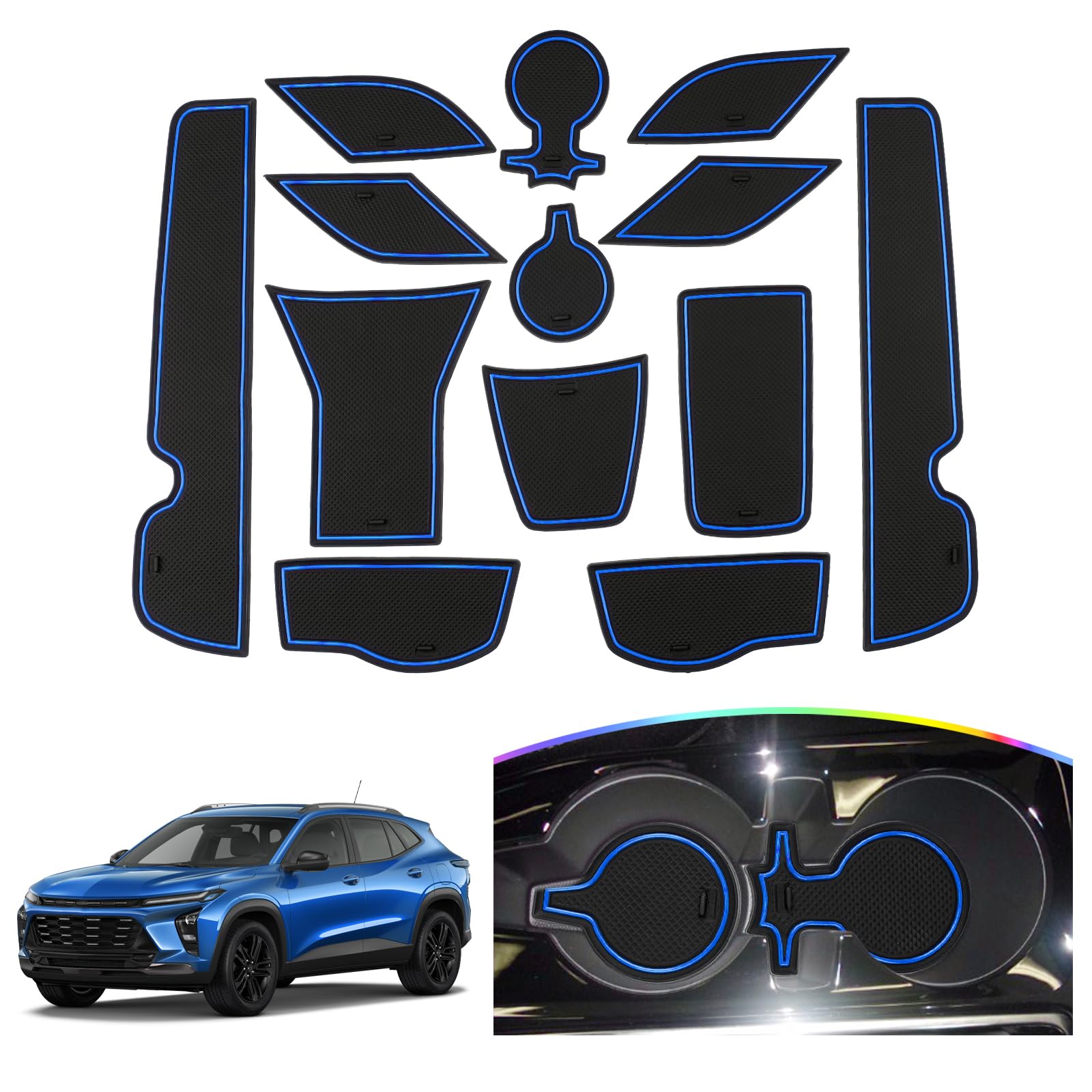Sktu 2024 2025 Chevy Trax Door Slot Mat For 2024 2025 Chevrolet Trax (Ls,1Rs,Lt,2Rs,Activ) 2024 2025 Trax Accessories 14Pcs Fit 2024 2025 Trax Door Compartment Cup Center Console Liners (Blue)
