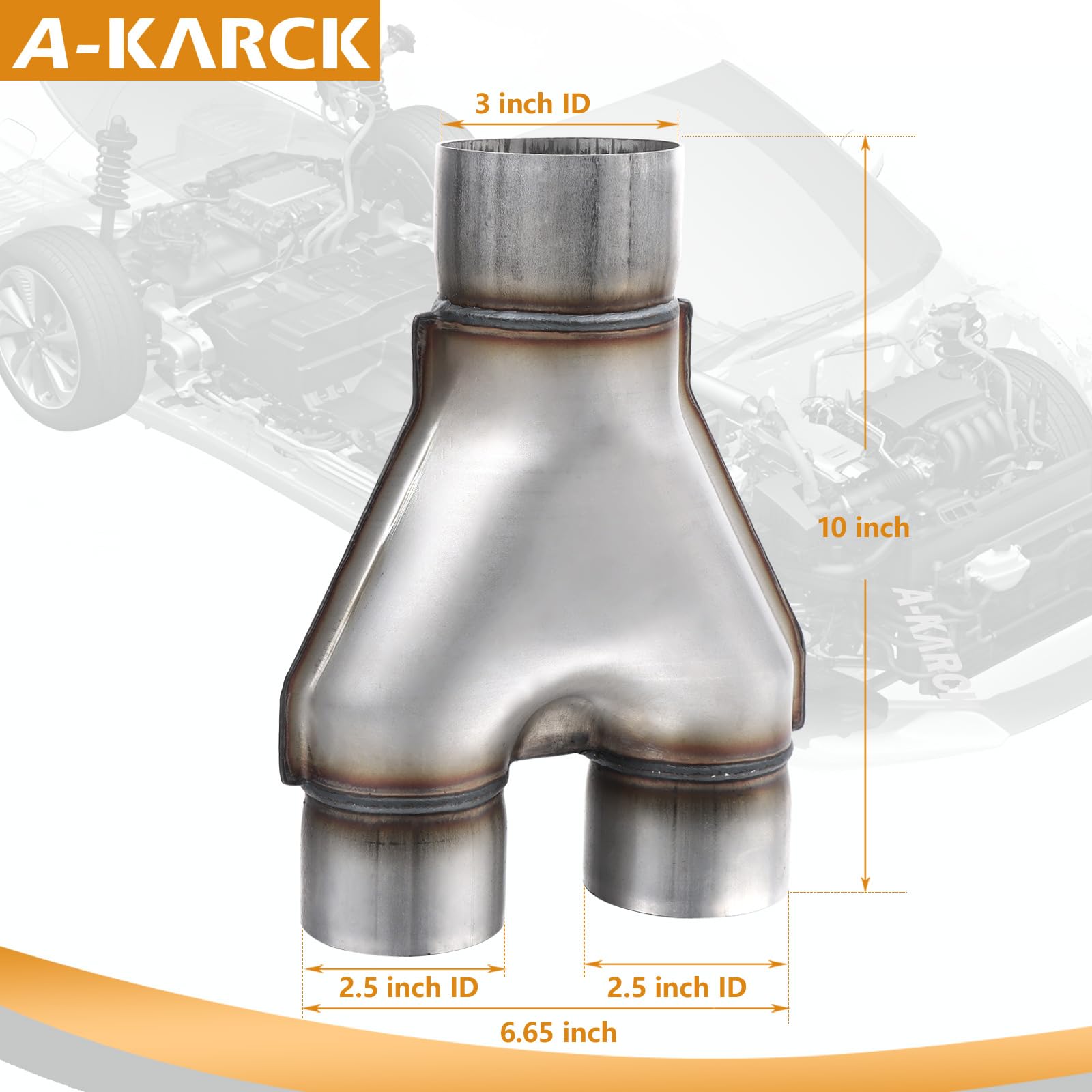 A-Karck Exhaust Y Pipe 3'' Inlet, Stainless Steel 2.5'' Outlet 10'' Long Y Pipe Withstands High Temperatures