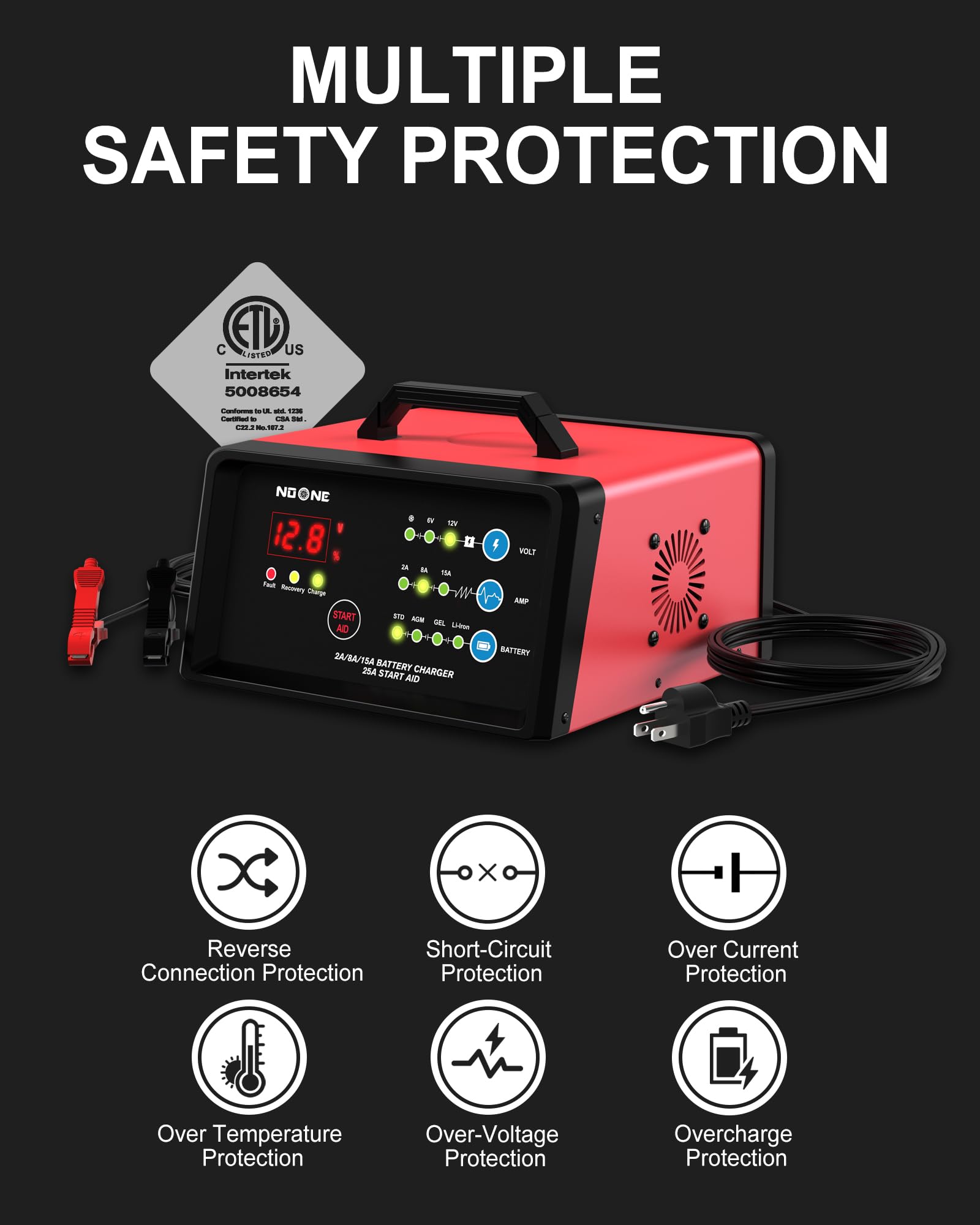 Noone Smart Car Battery Charger: 2/8/15A Battery Chargers 6V/12V Boat Battery Chargers With Engine Start, Metal Shell, Winter Mo